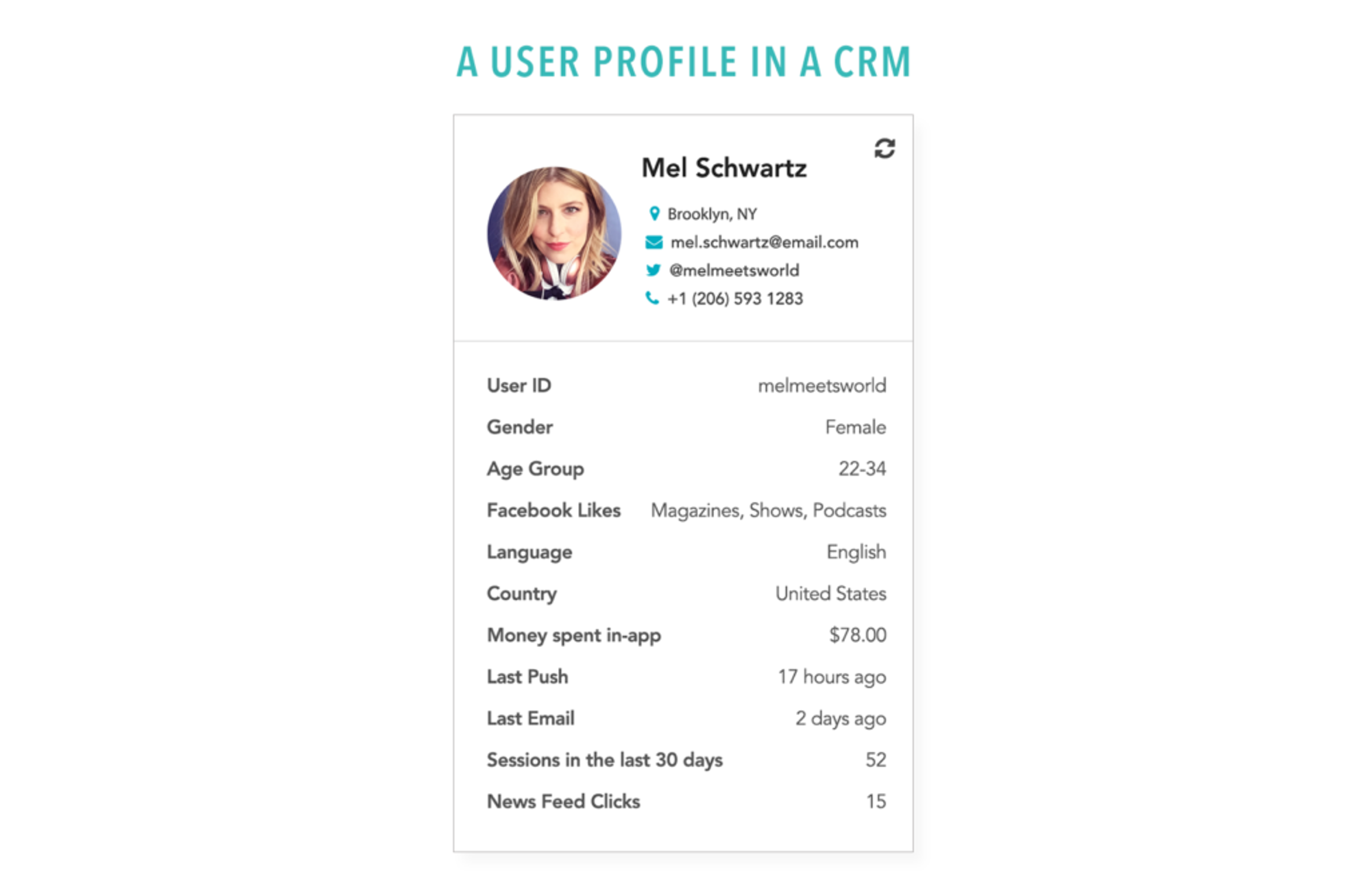A user profile in a CRM displaying information about Mel Schwartz, including contact details, demographics, and activity metrics.