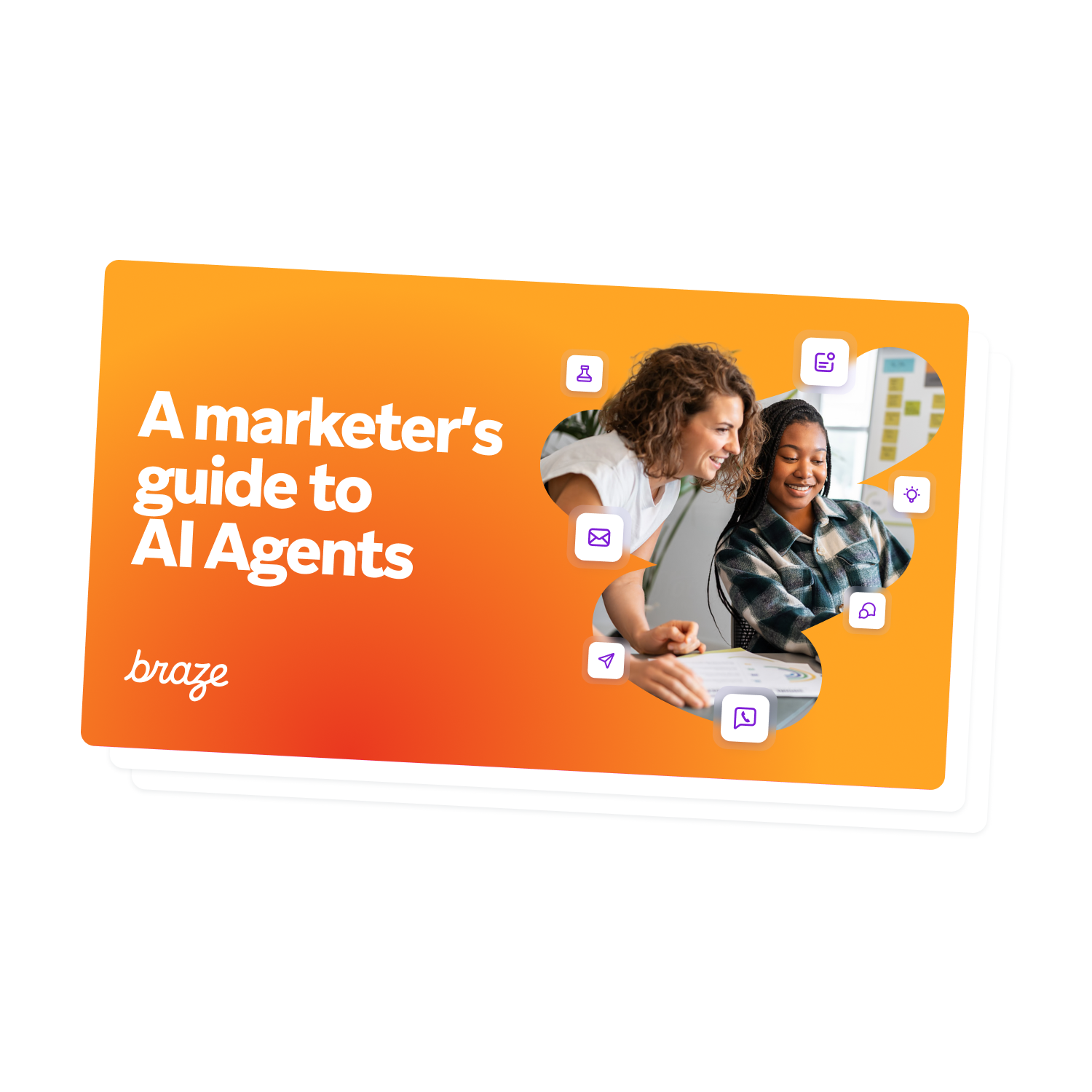 Promotional graphic titled “A marketer’s guide to AI Agents” from Braze, showing two smiling people collaborating at a computer on an orange gradient background.