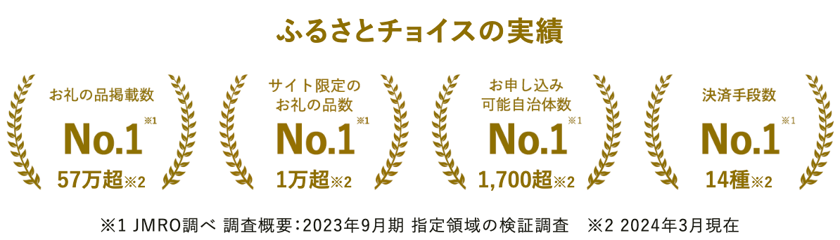 ふるさとチョイスの実績を示すグラフ。各項目でのランキングと数値が記載されている。