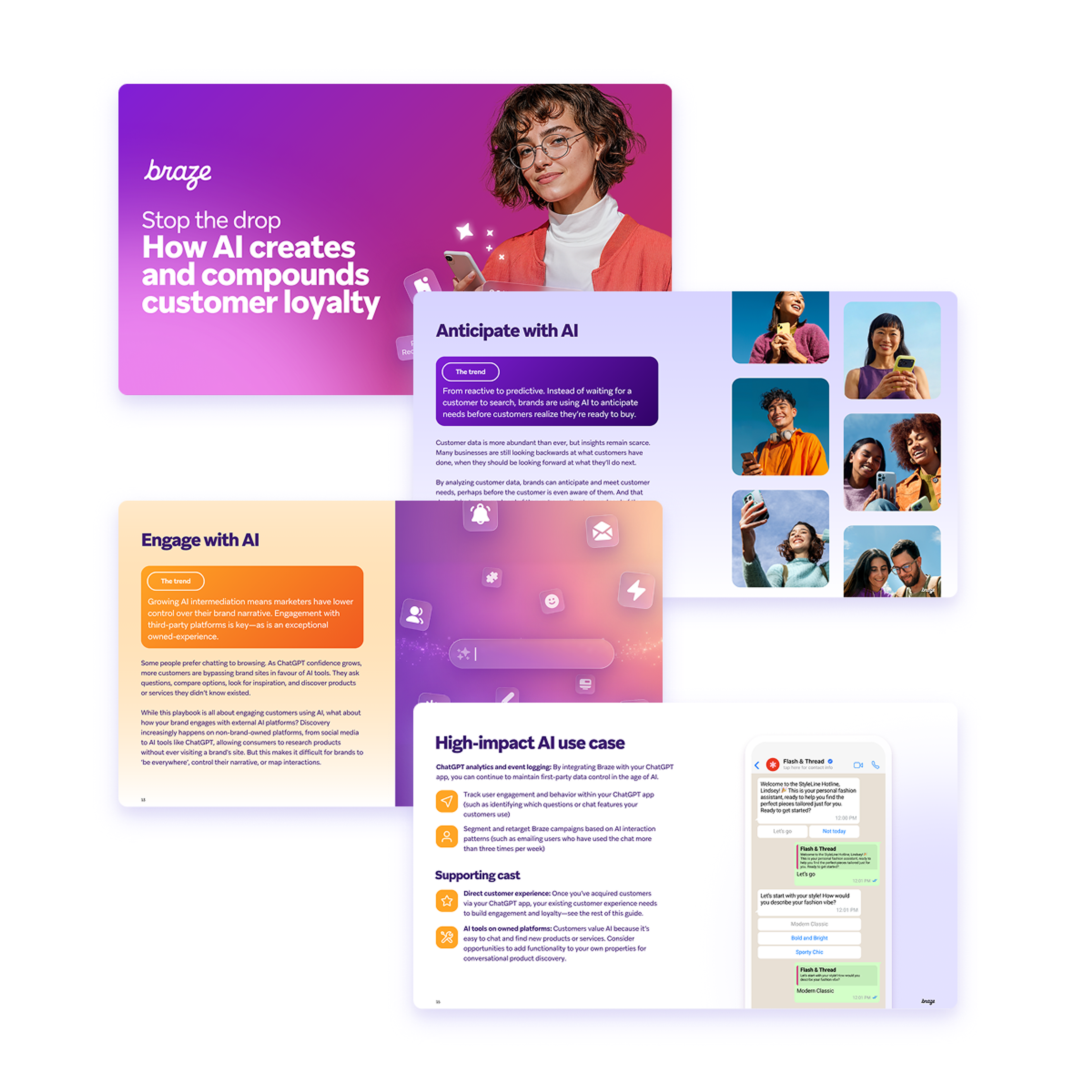 Braze whitepaper 'How AI creates and compounds customer loyalty,' shown as overlapping digital pages with a woman holding a glowing smartphone and sections on AI customer engagement.