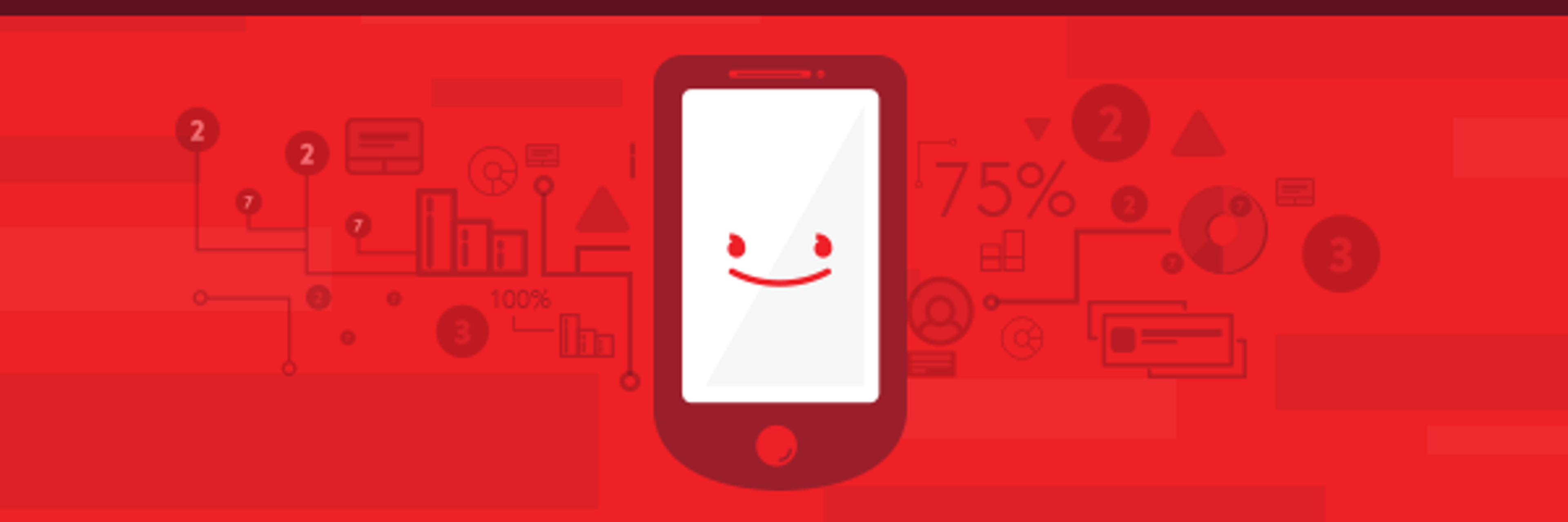 A red smartphone with a smiling face is surrounded by various data graphics and icons. The background features abstract shapes and numbers.