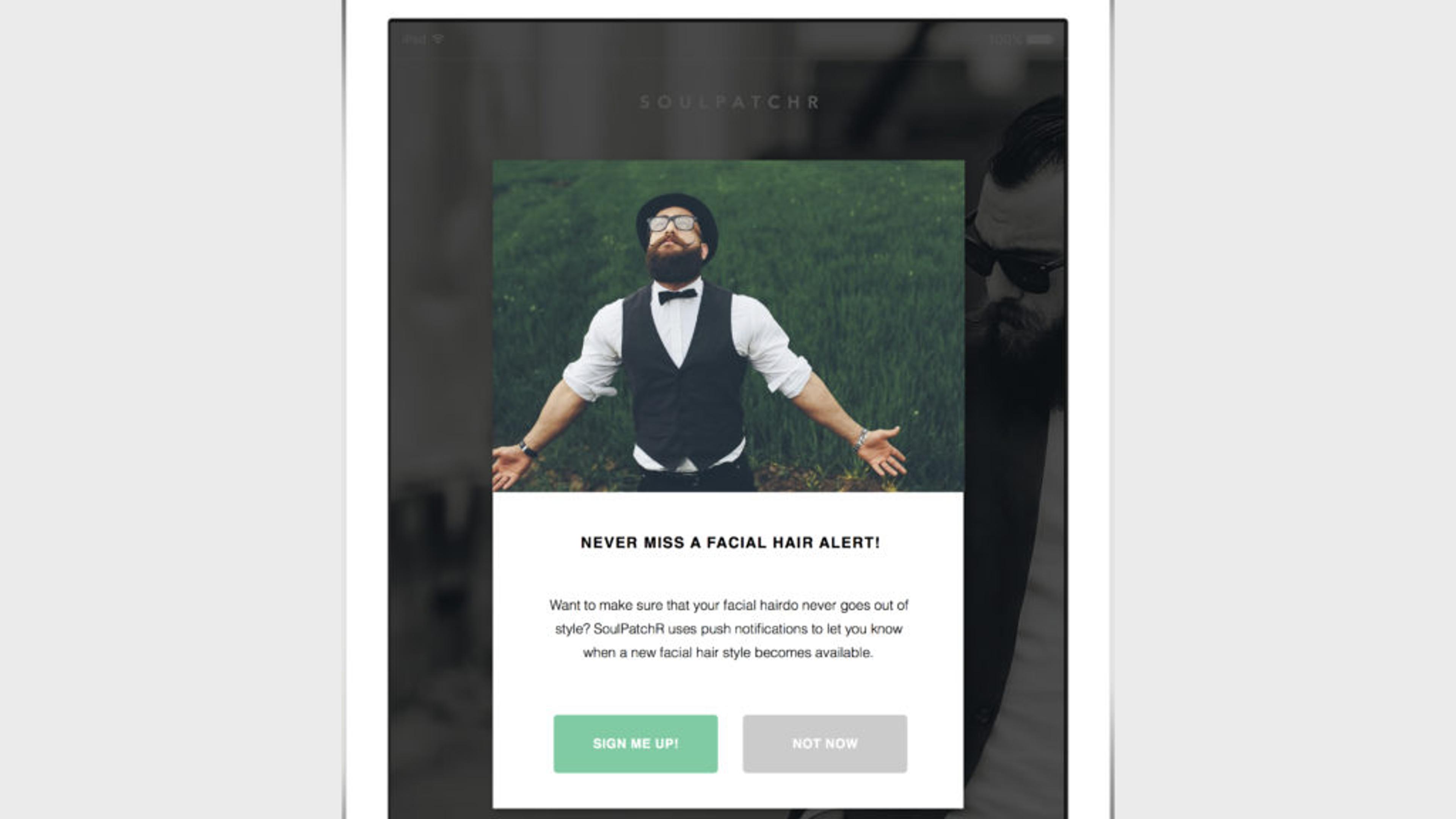 A man with a beard and mustache wearing a bow tie and suspenders stands with arms outstretched in front of a grassy background. A promotional message about facial hair style notifications is displayed below him.