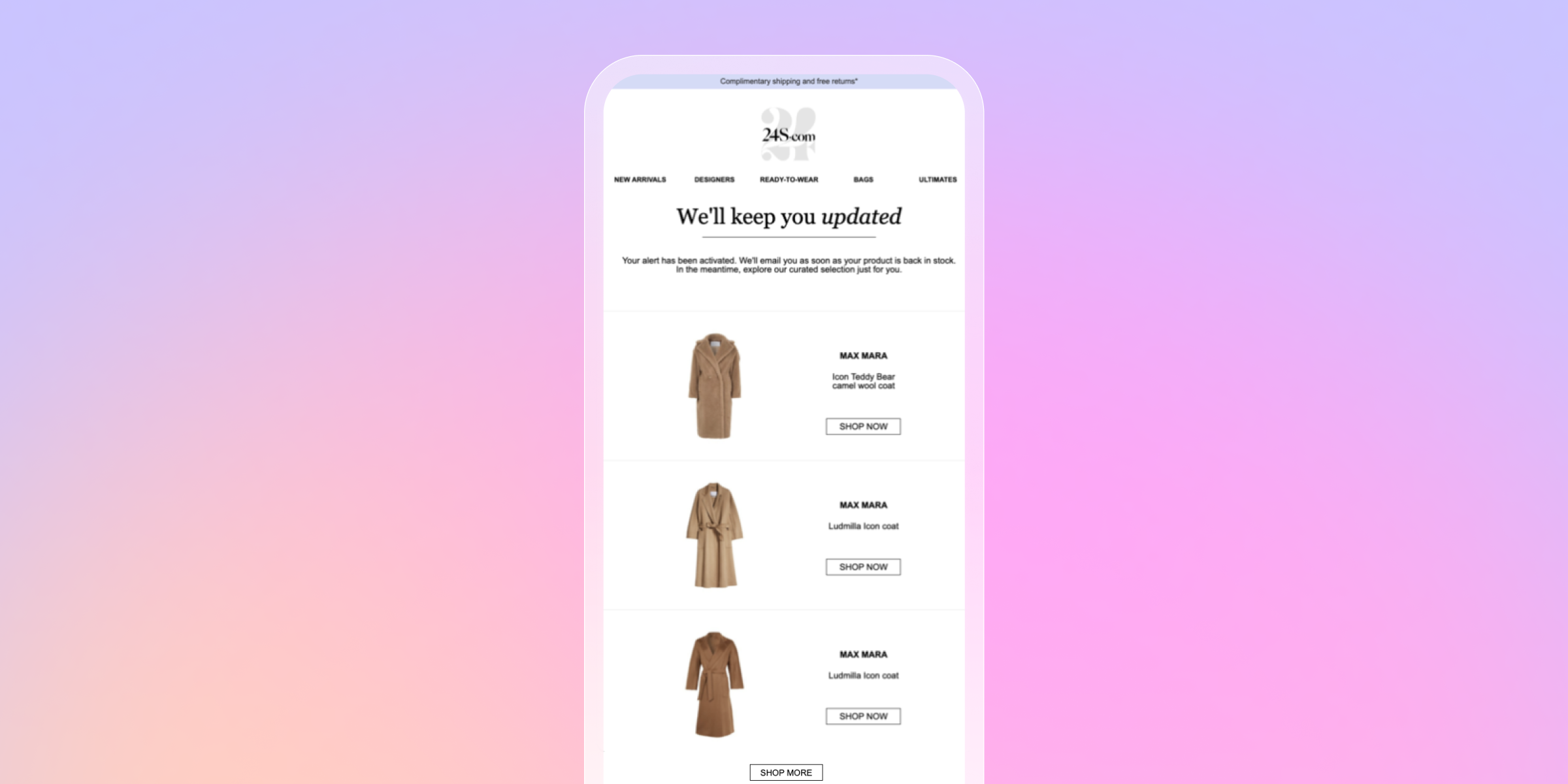 Mobile phone displaying an email with a 'We'll keep you updated' message and three identical brown trench coats.