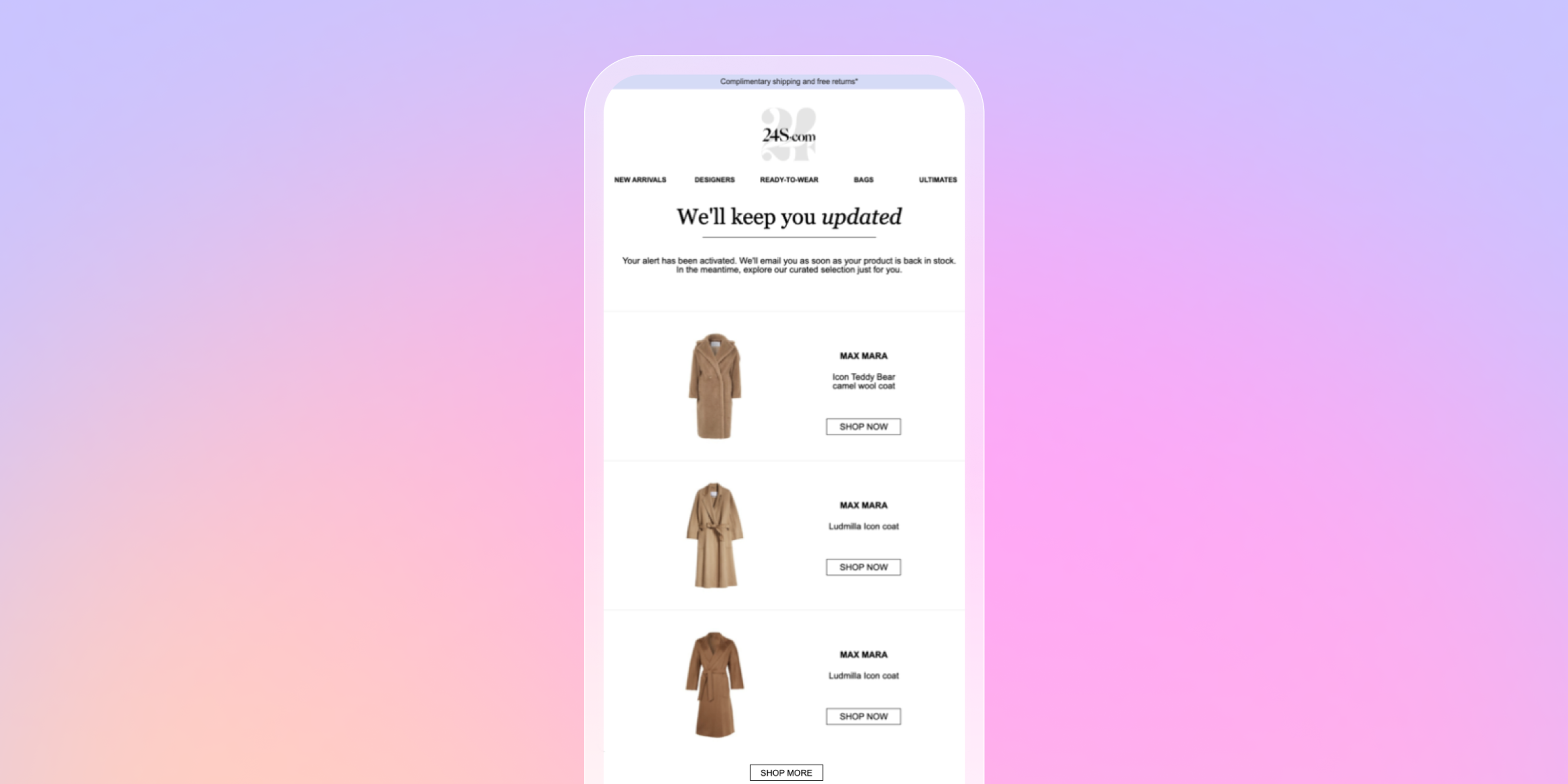 Mobile phone displaying an email with a 'We'll keep you updated' message and three identical brown trench coats.