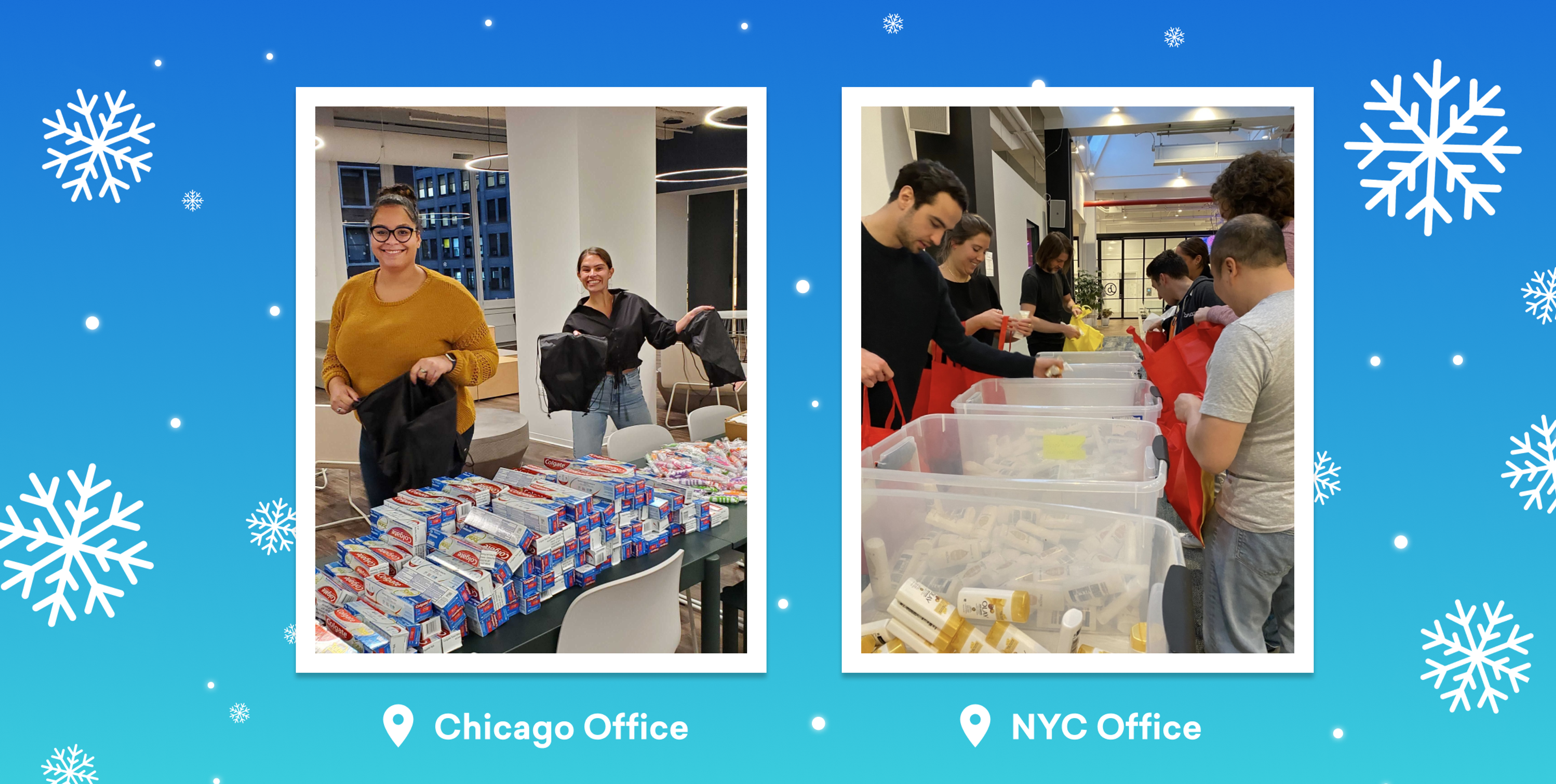 Two images side by side: on the left, people in the Chicago office are organizing boxes of items; on the right, individuals in the NYC office are sorting supplies into bins.