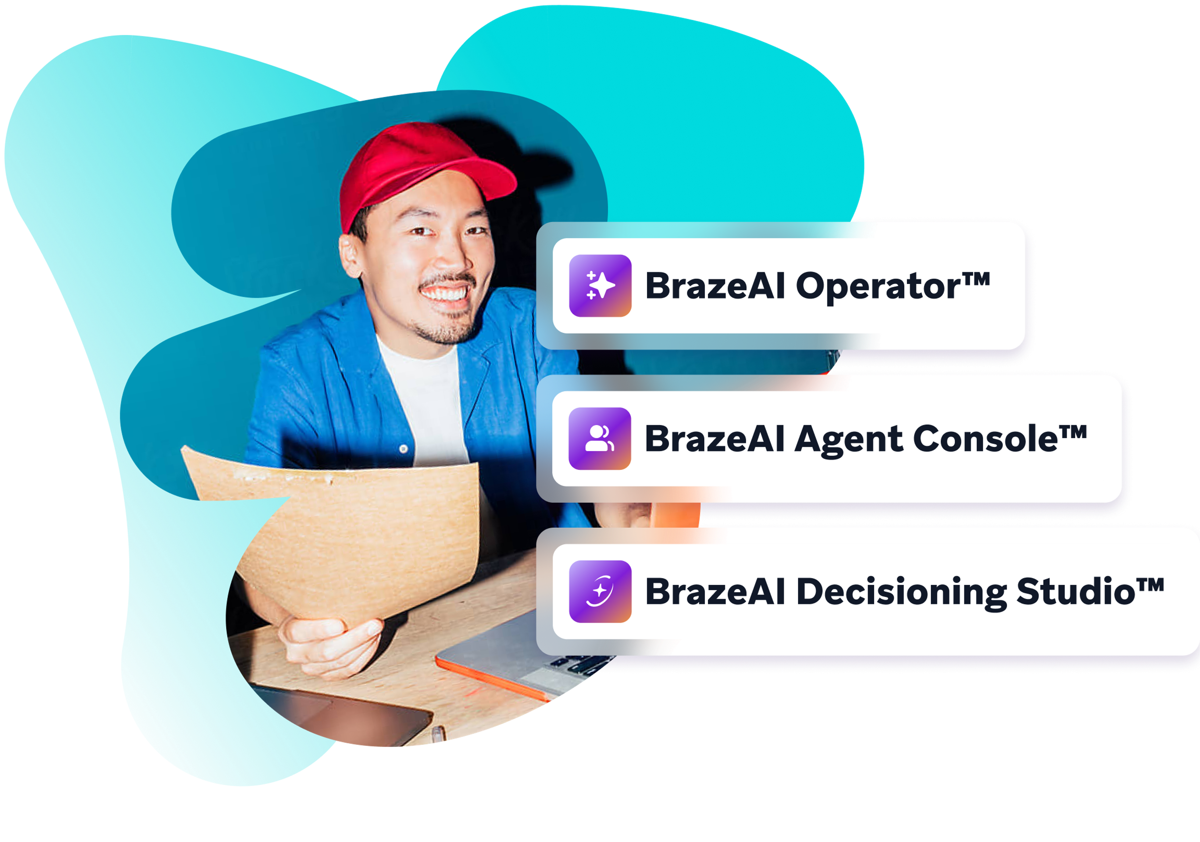 Smiling man holding a cardboard house next to three labels: BrazeAI Operator™, BrazeAI Agent Console™, and BrazeAI Decisioning Studio™.