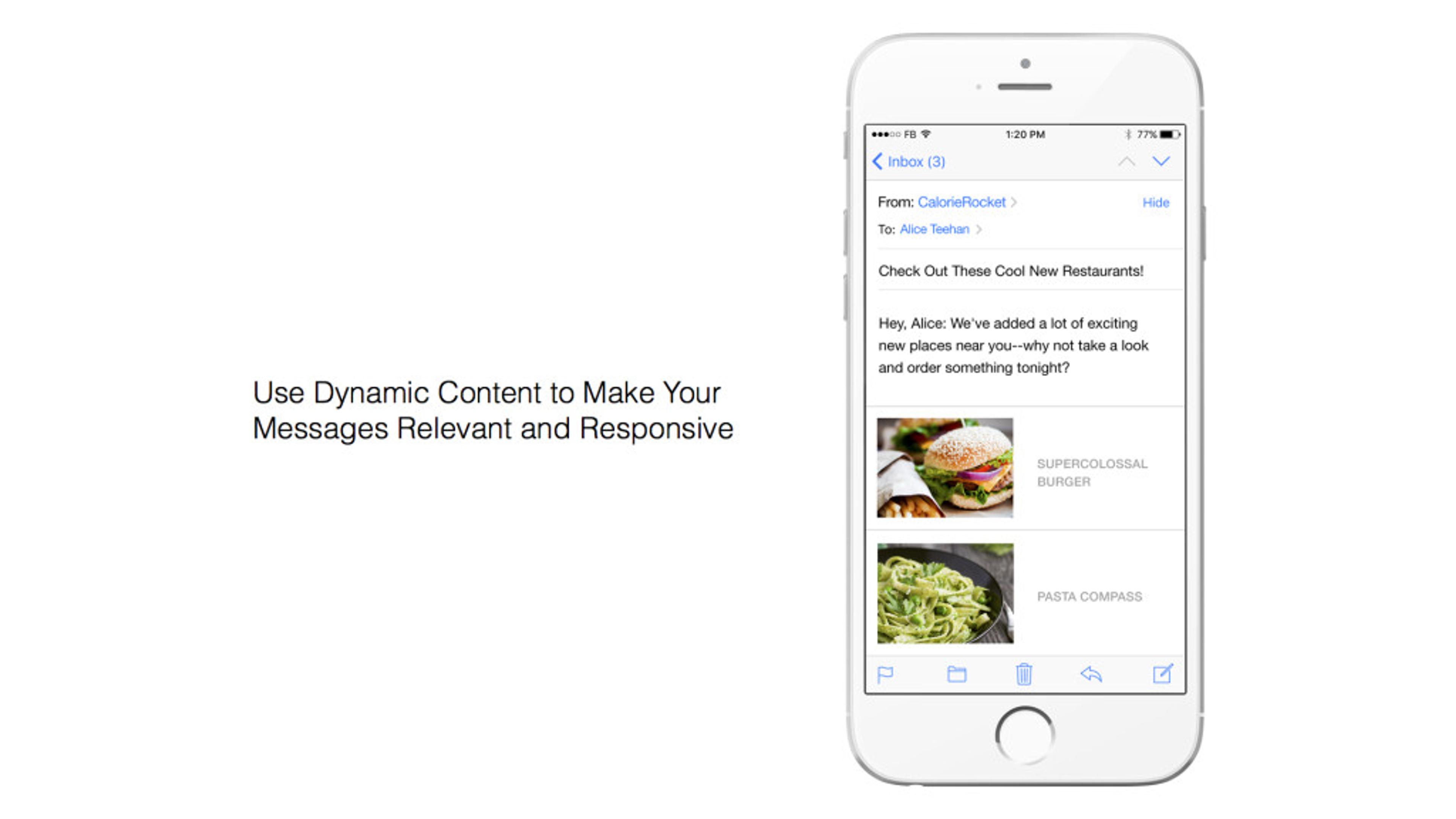A smartphone displaying an email inbox with a message about new restaurants, featuring images of pasta dishes. The email encourages the recipient to explore exciting new places.