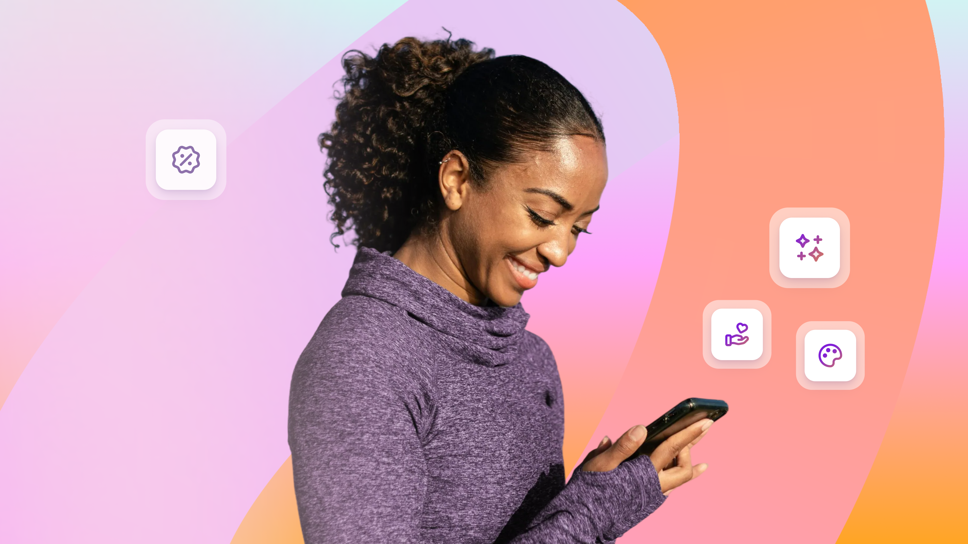 Smiling woman looking at a phone, surrounded by feature icons.
