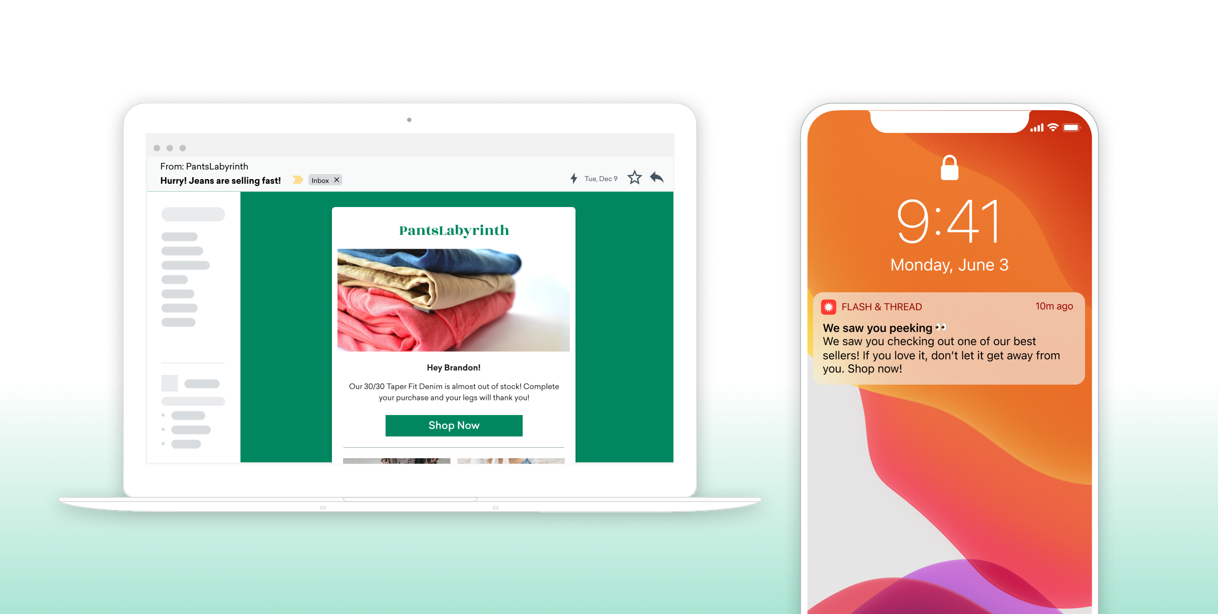 A laptop displaying an email about a sale on pants, alongside a smartphone showing a notification for a popular product.