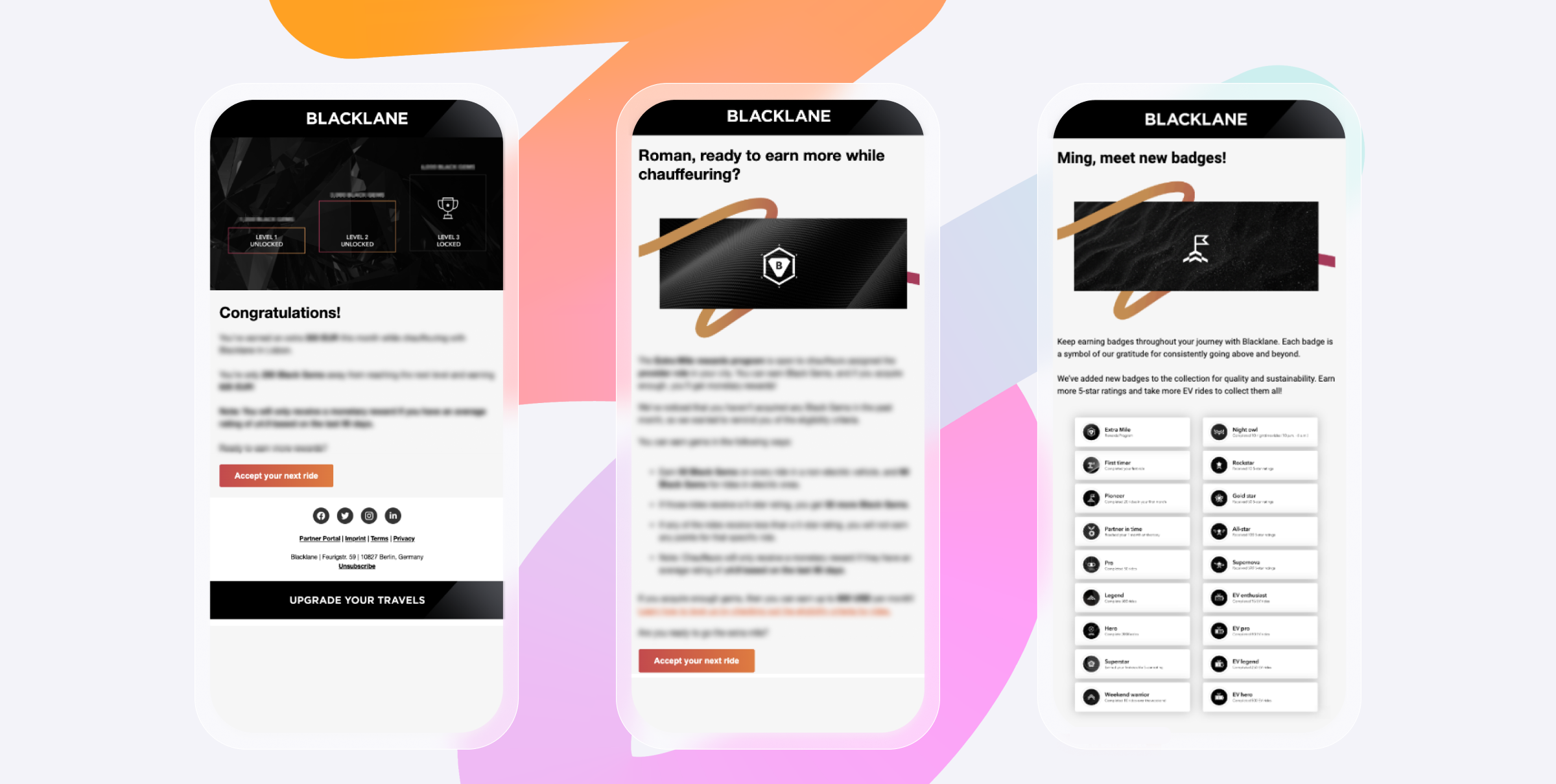 Three mobile screens displaying a congratulatory message from Blacklane, highlighting features for earning rewards and new badges for users. The design includes colorful backgrounds and buttons for user interaction.