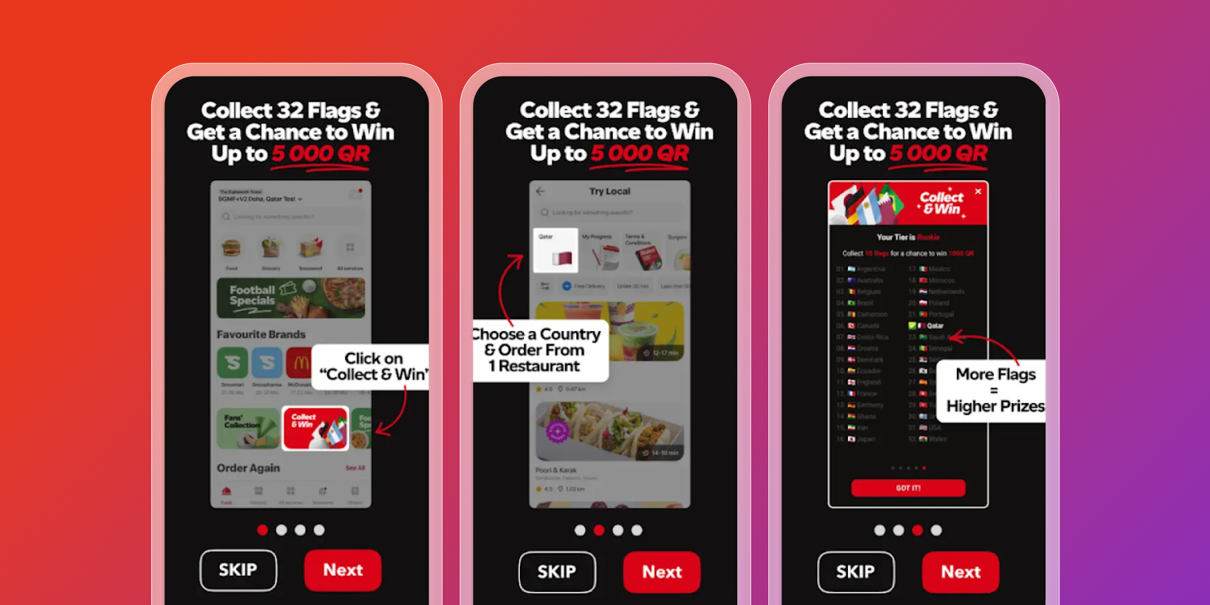 three screenshots of an app that says collect 32 flags and get a chance to win up to 2000 gr