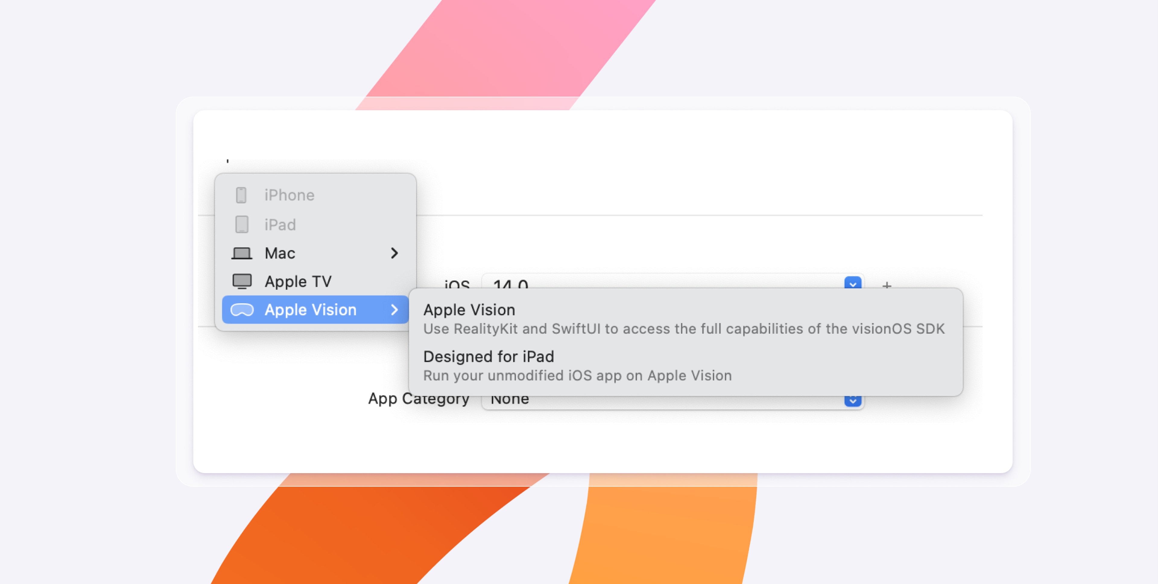 A dropdown menu displaying options for Apple devices, including "Apple Vision," with a note about using RealityKit and SwiftUI for the visionOS SDK.