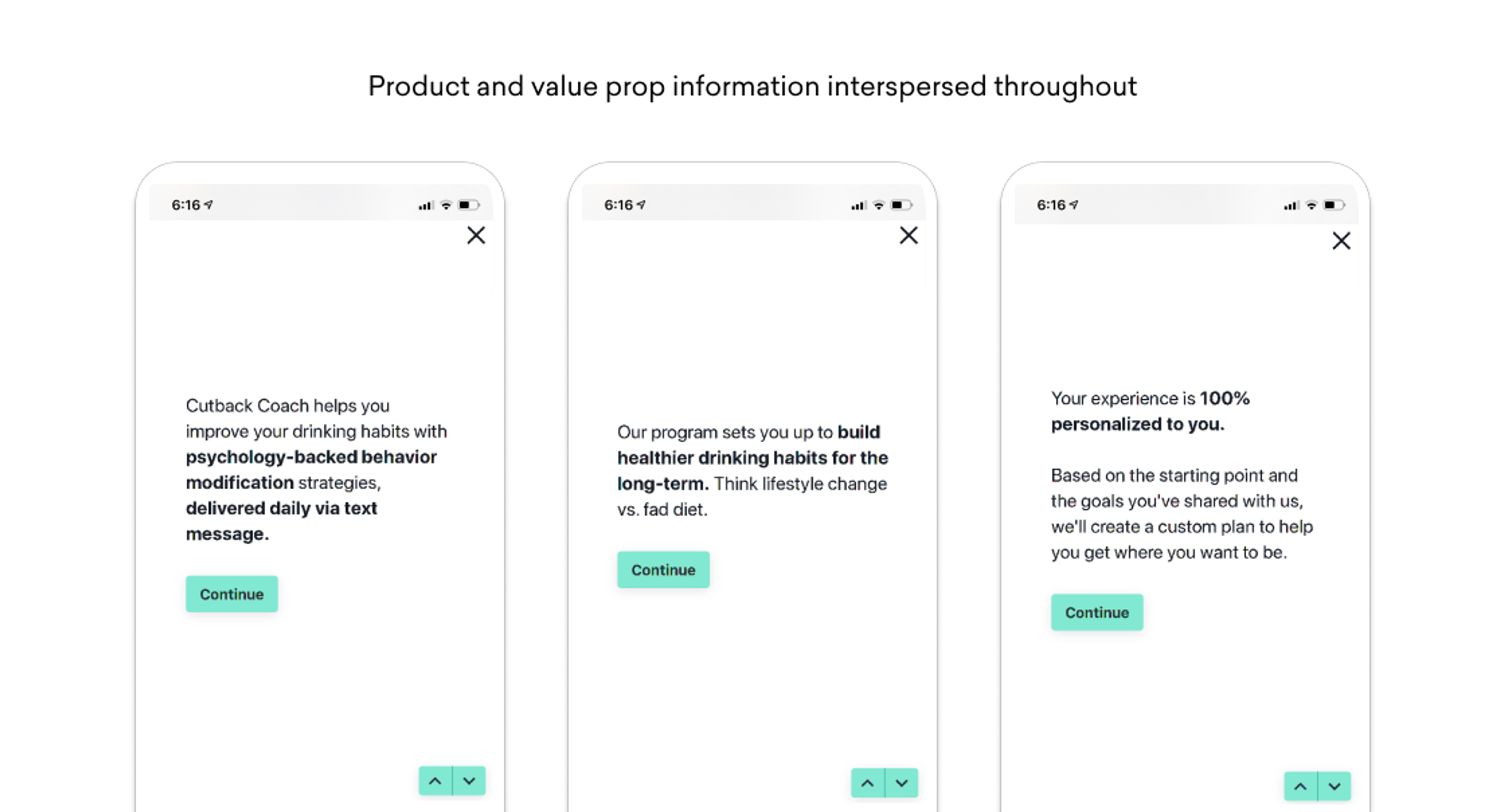 Three mobile onboarding screens for Cutback Coach explain psychology-backed text message support, long-term healthier drinking habits, and a fully personalized plan, each with a green Continue button.