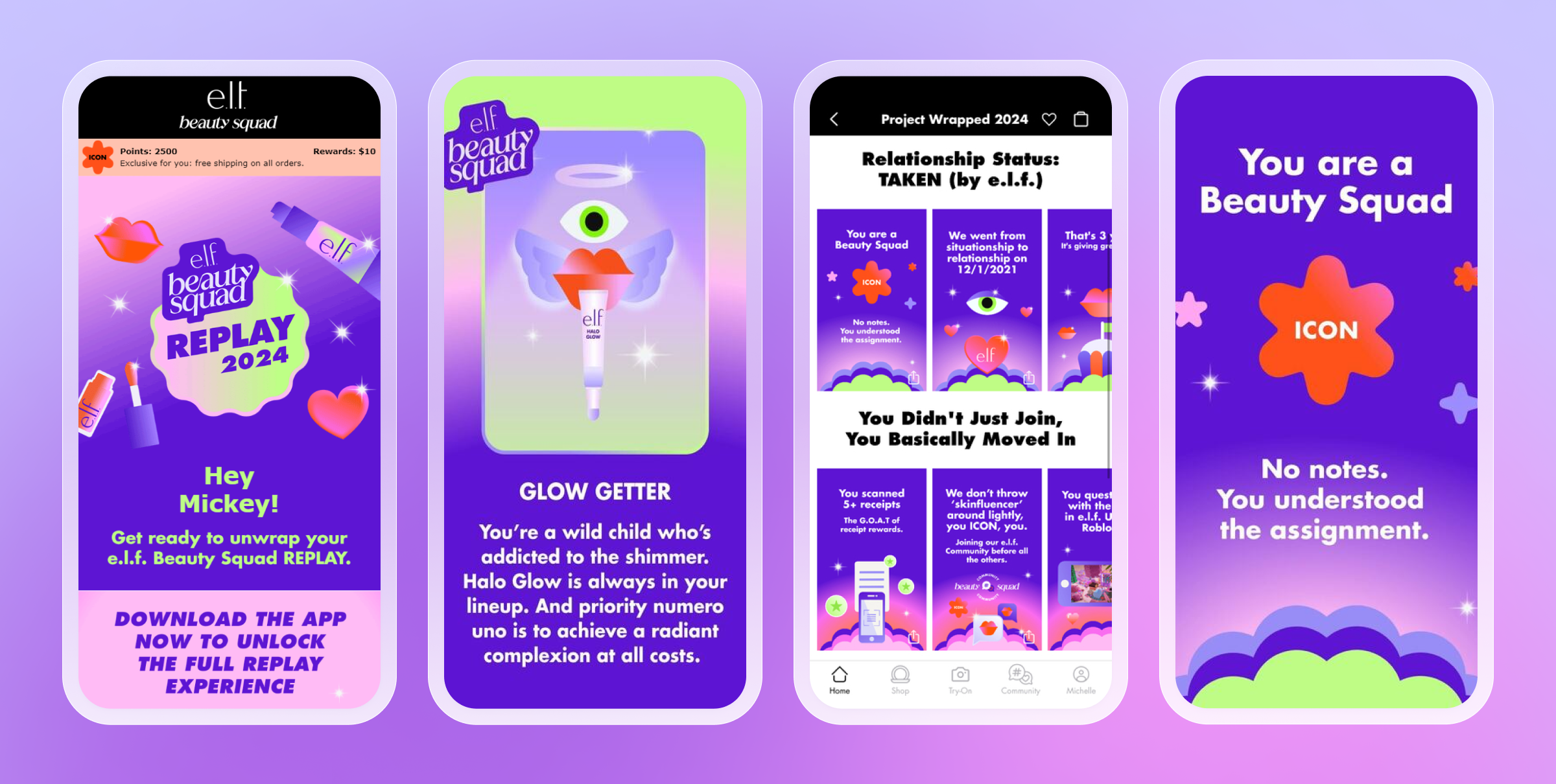 A colorful promotional graphic for e.l.f. Beauty Squad Replay 2024, featuring app download instructions and playful text about beauty and relationships. The design includes vibrant icons and illustrations.