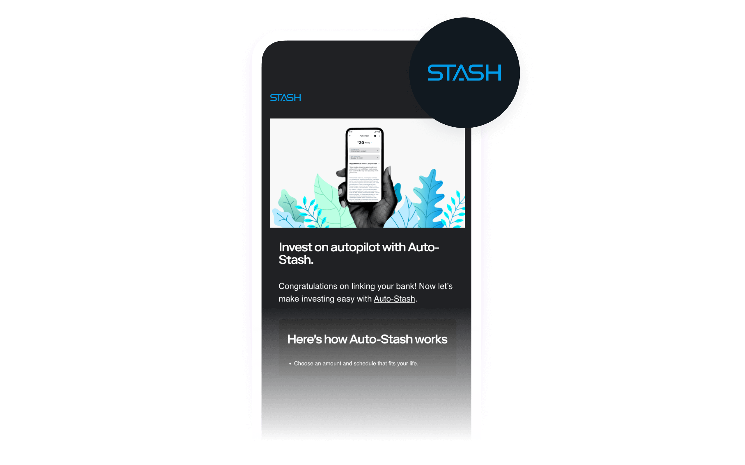 Smartphone displaying the Stash app's 'Auto-Stash' feature for automated investing, with the Stash logo.