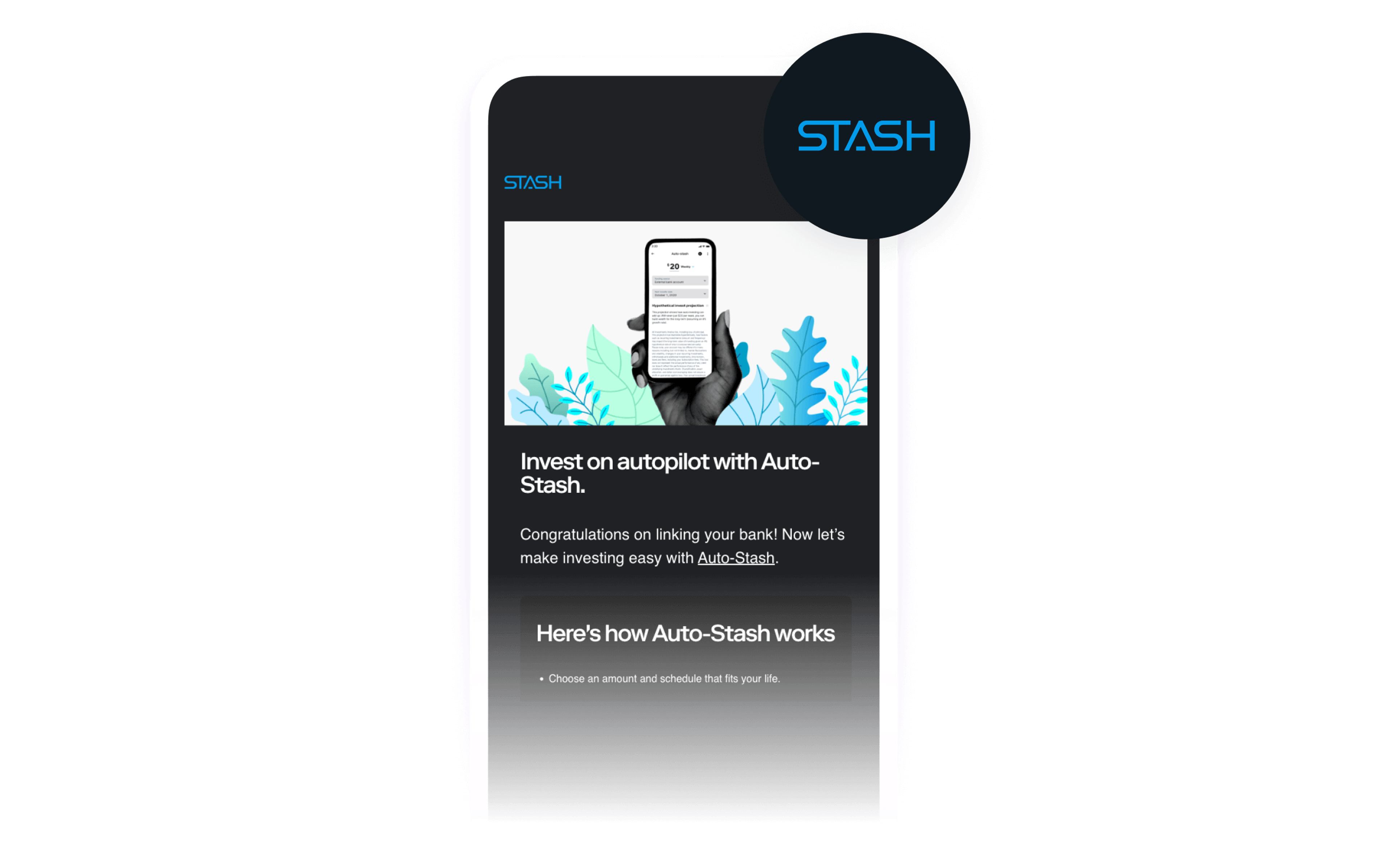 Smartphone displaying the Stash app's 'Auto-Stash' feature for automated investing, with the Stash logo.