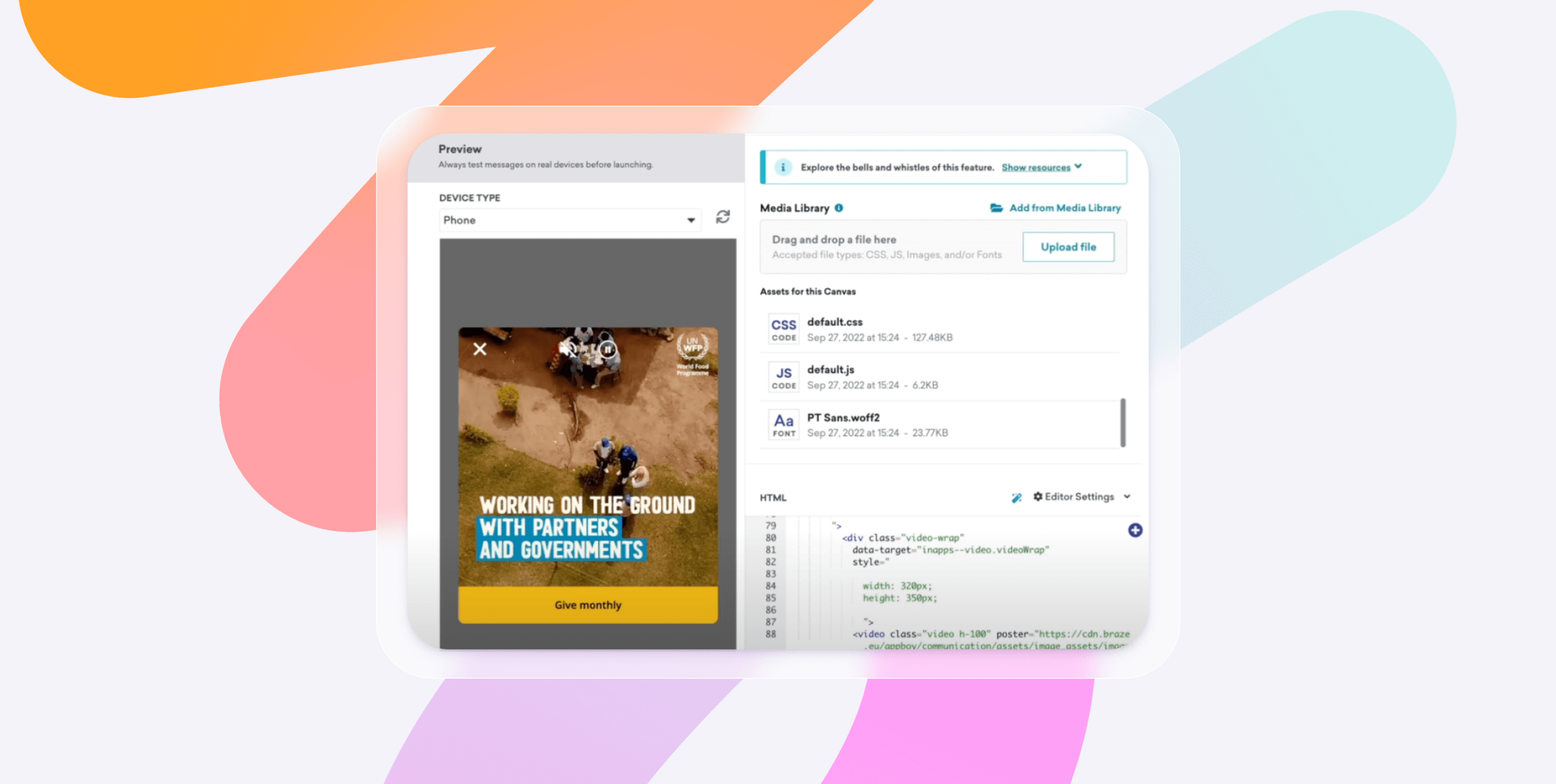 Software interface displaying a mobile ad preview, a media library, and an HTML code editor.