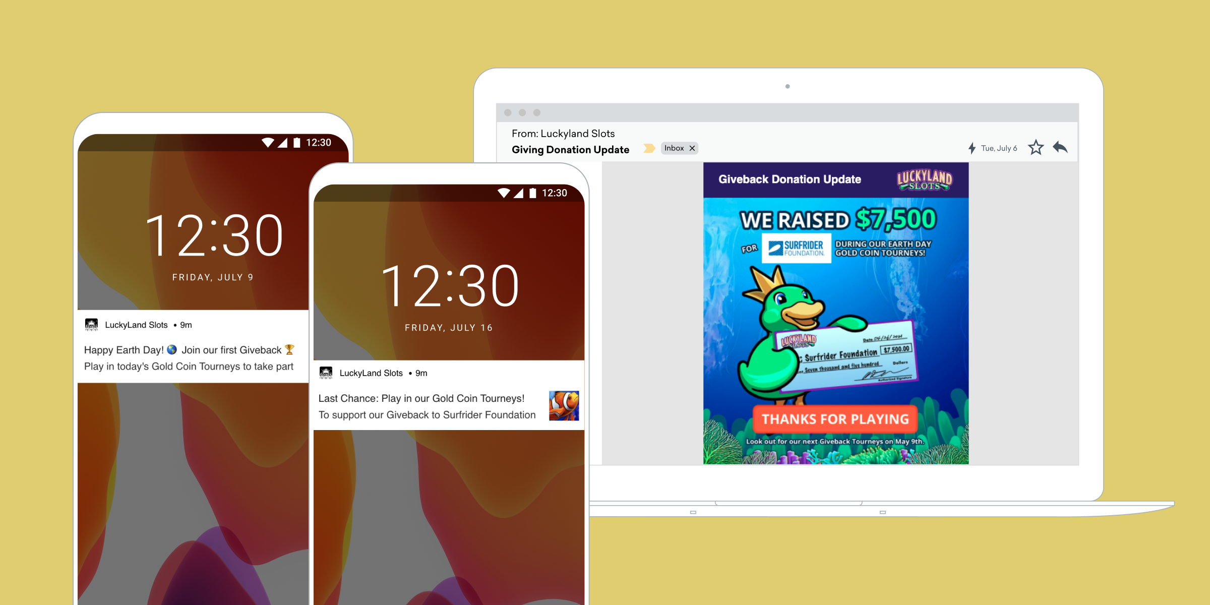 Two smartphones displaying notifications from LuckyLand Slots, alongside a computer screen showing a donation update for a fundraiser that raised $7,500 for the Starlighter Foundation.