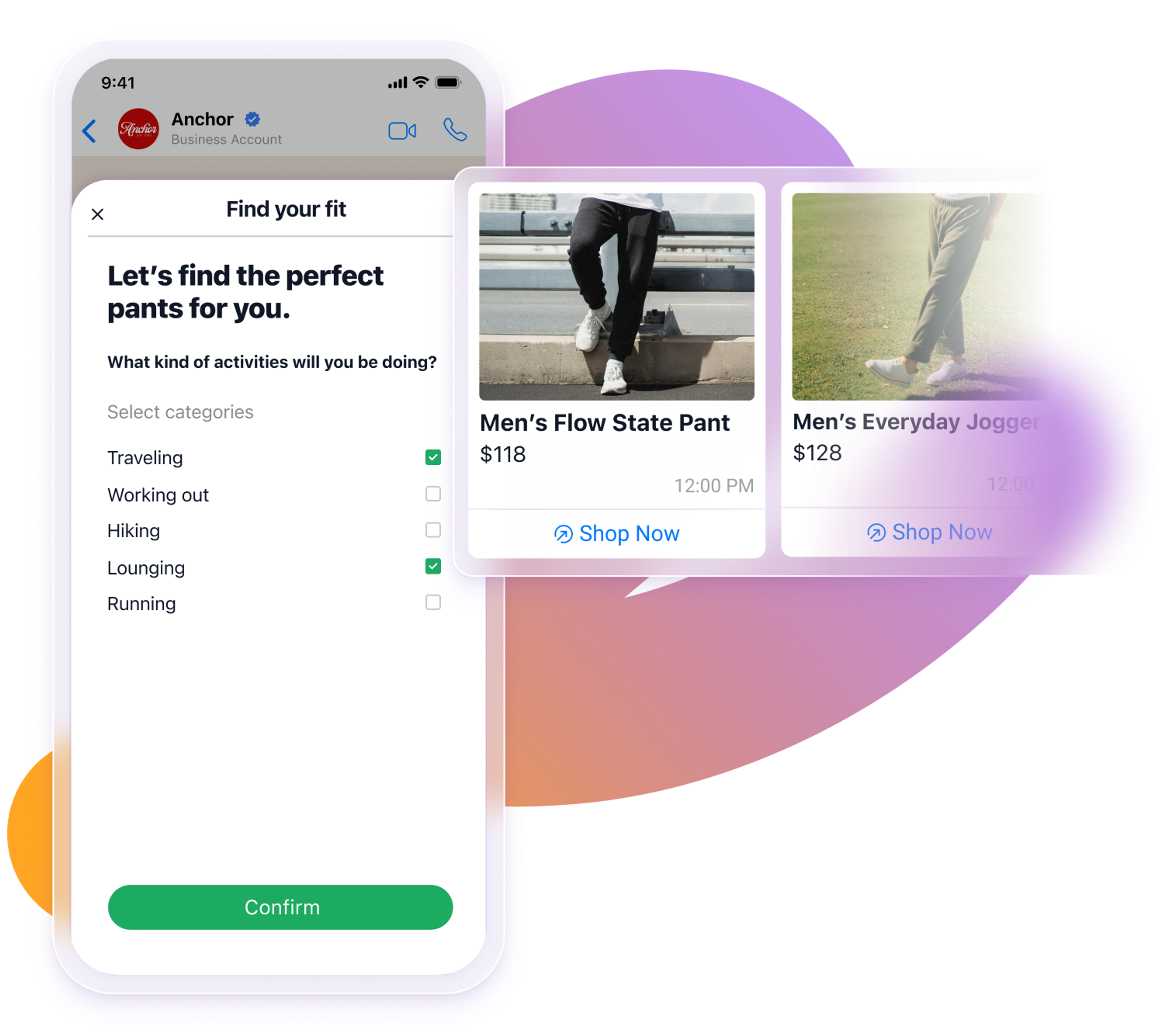 Mobile shopping interface showing a quiz to find the perfect pants and product cards for men’s pants with images, prices, and “Shop Now” buttons.