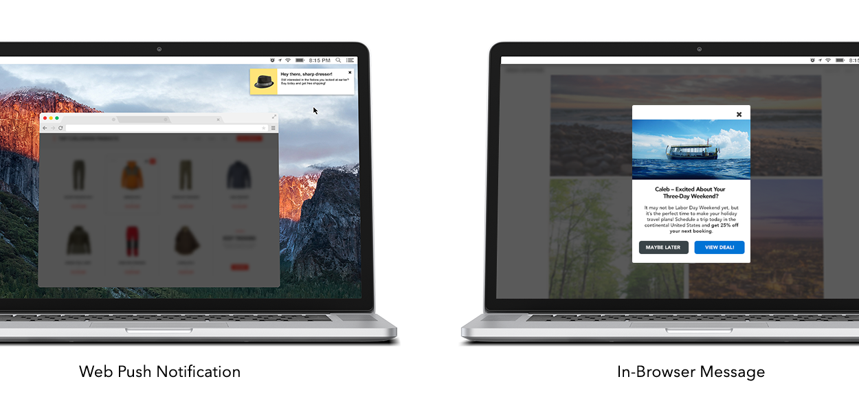 A laptop screen displays two types of notifications: a blurred web push notification on the left and an in-browser message with a call-to-action on the right.