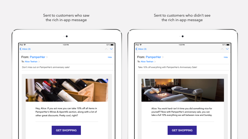 Two iPad screens displaying promotional emails from Pampered Chef. One screen shows a message for customers who saw an in-app message, while the other is for those who did not.