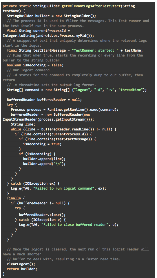 Code snippet showing a Java method for retrieving relevant logs after a test starts, including error handling and process execution. The code features comments explaining its functionality.