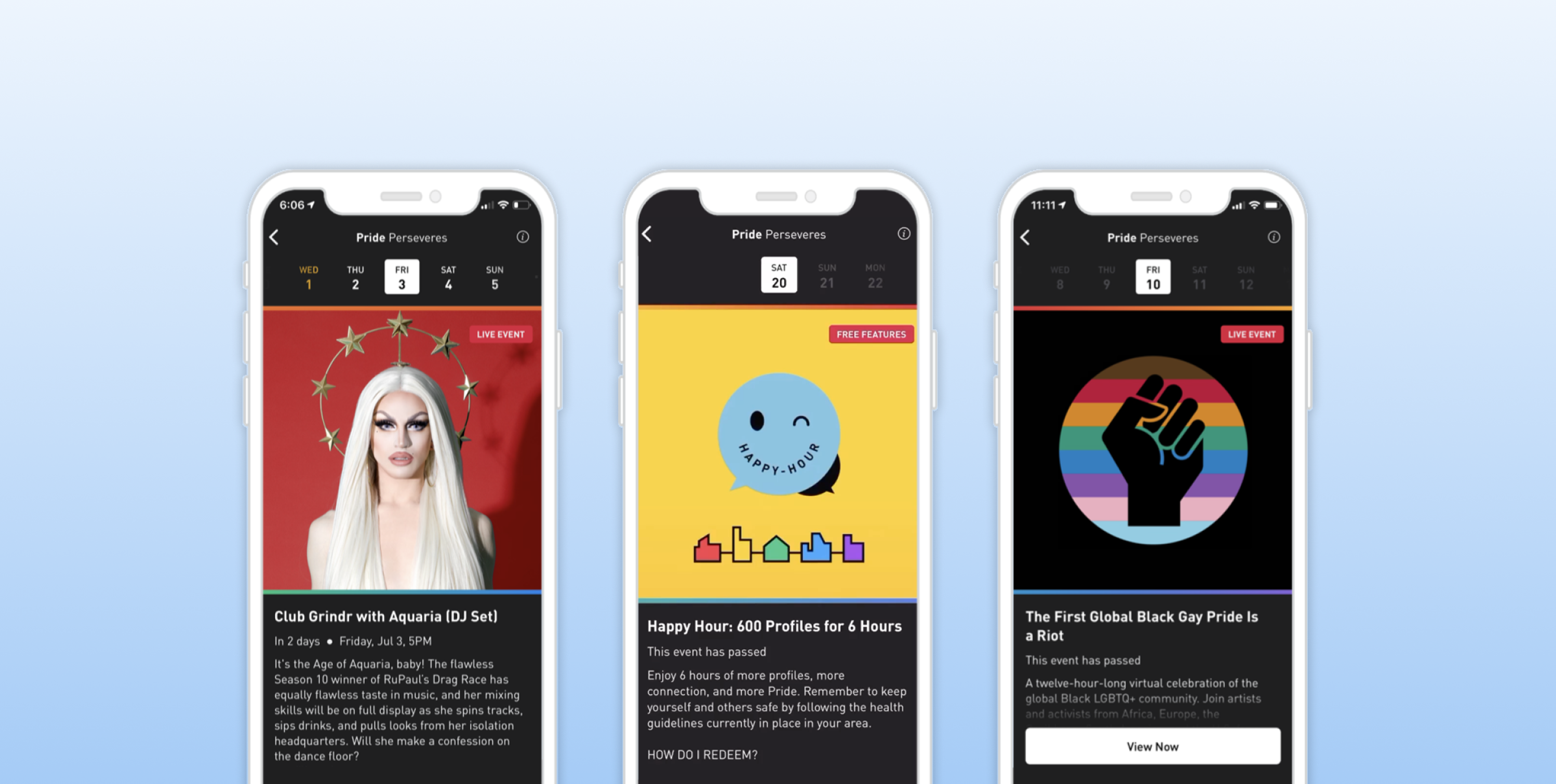 Three smartphone screens displaying event promotions for Pride. The first features a drag performer, the second promotes a Happy Hour event, and the third highlights a global Pride celebration.