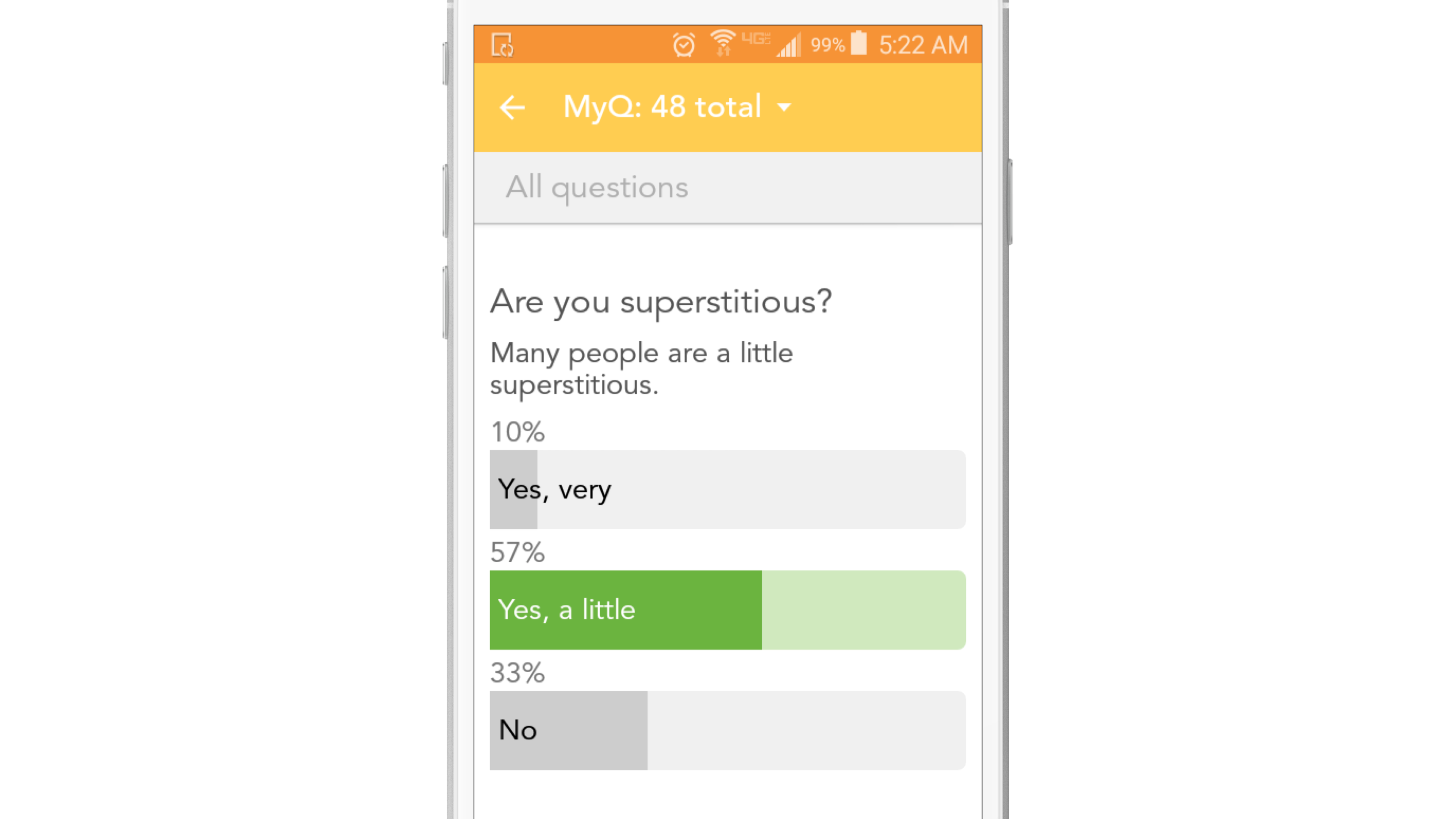 A smartphone screen displays a survey question about superstition, showing response percentages: 10% "Yes, very," 57% "Yes, a little," and 33% "No.