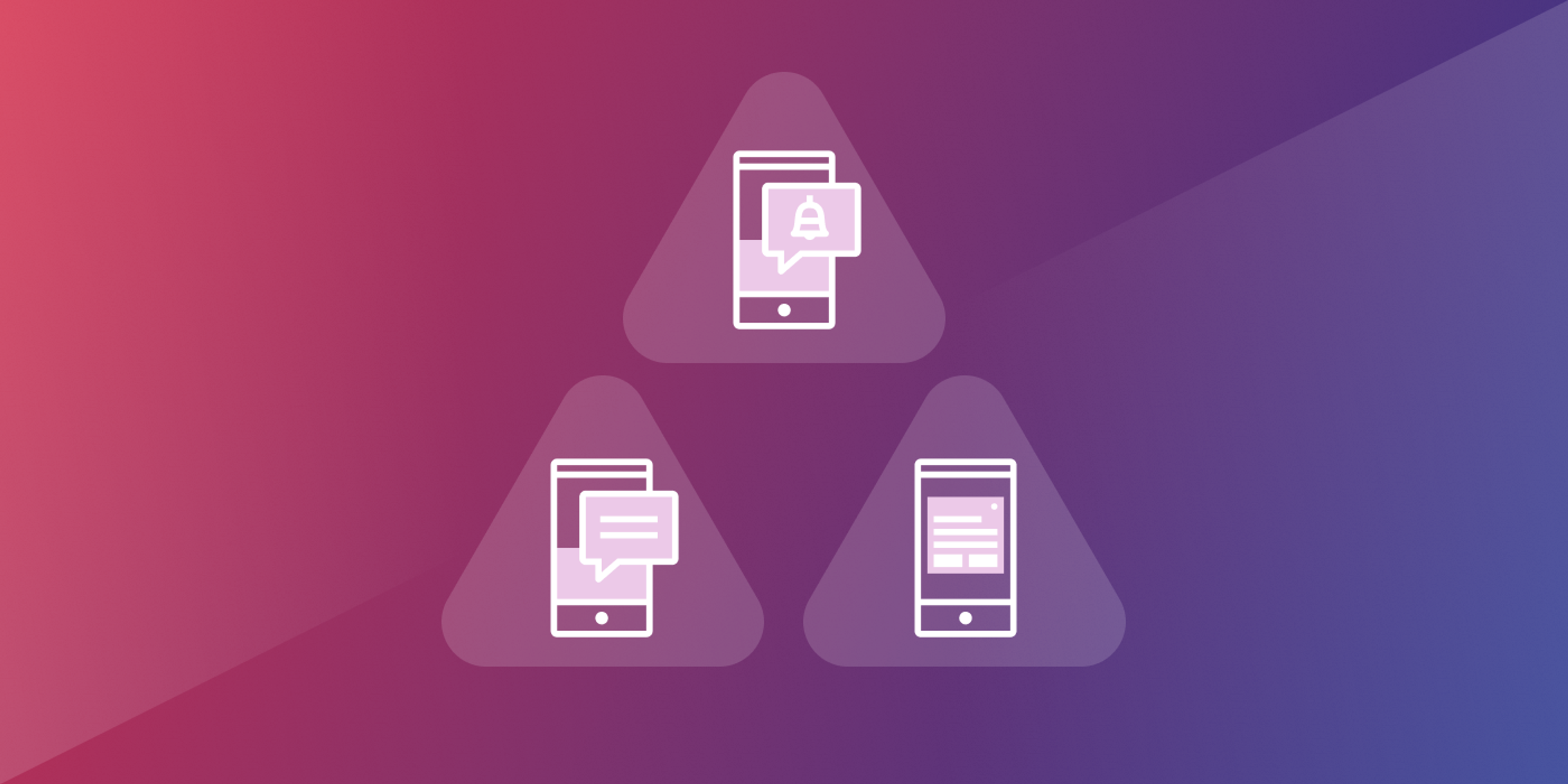 Three smartphone icons arranged in a triangular formation, each displaying different notification symbols. The background features a gradient of pink and purple colors.