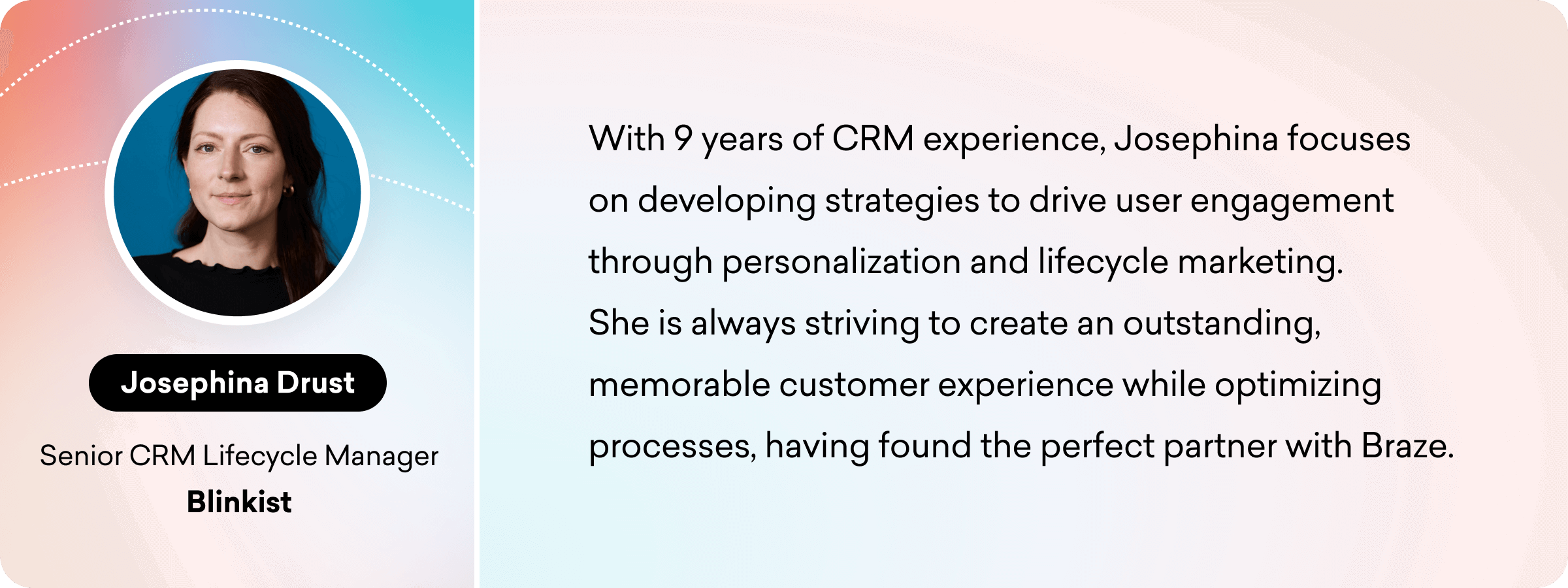A professional portrait of Josephina Drust, a Senior CRM Lifecycle Manager at Blinkist, accompanied by a brief description of her experience and focus on user engagement strategies.