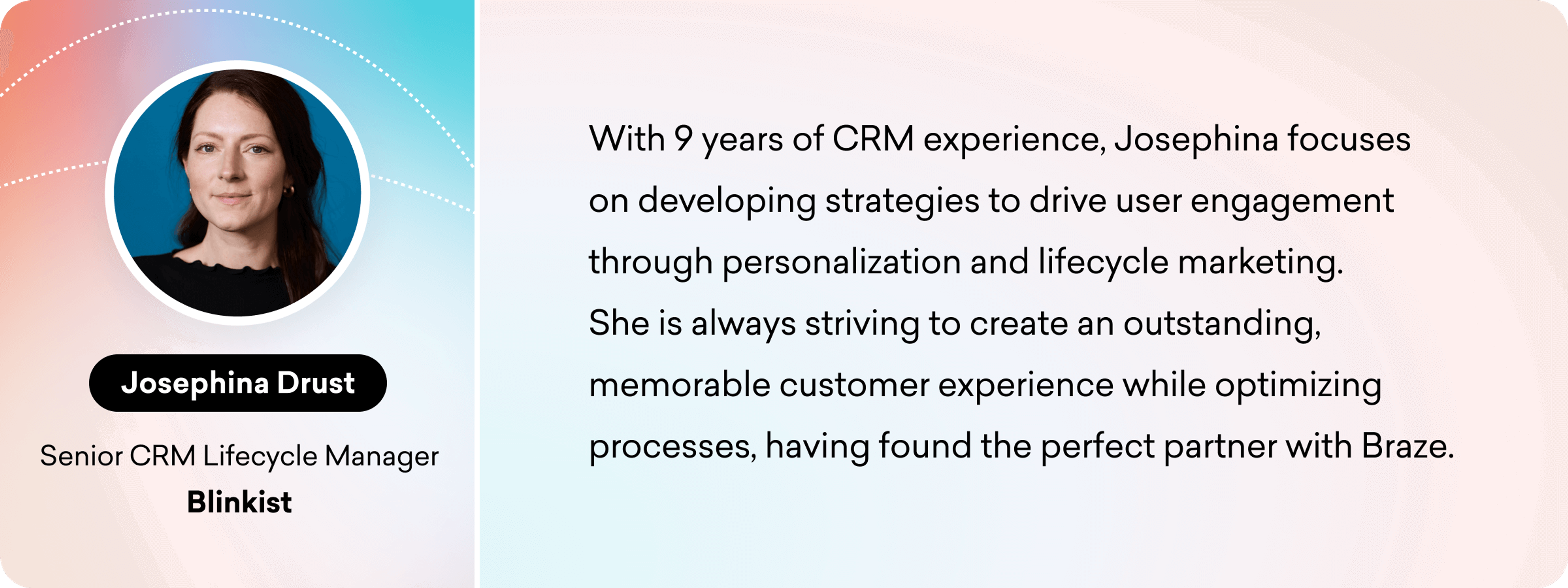 A professional portrait of Josephina Drust, a Senior CRM Lifecycle Manager at Blinkist, accompanied by a brief description of her experience and focus on user engagement strategies.