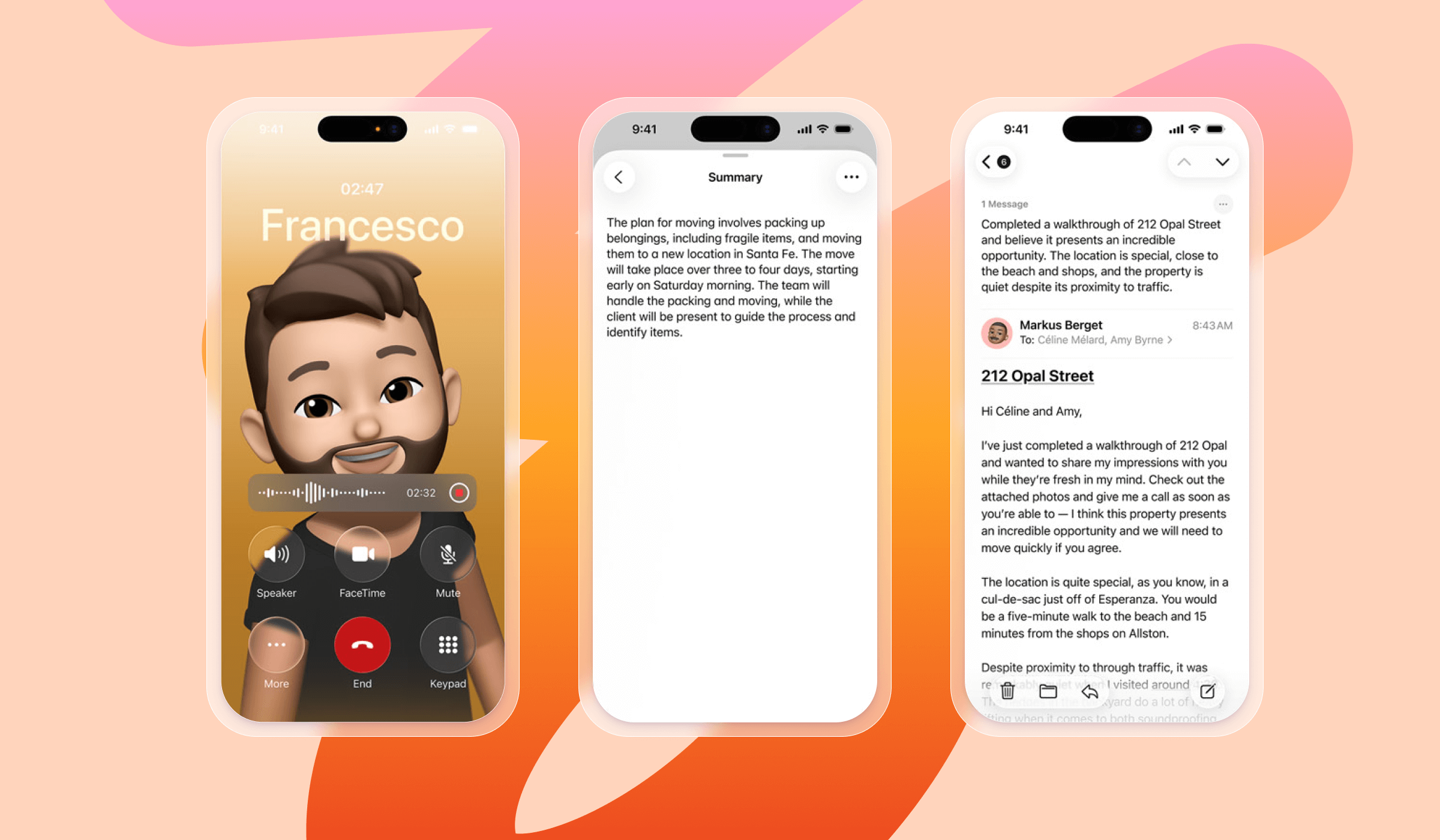 Three iPhone screens display a Memoji call, a text summary, and an email.