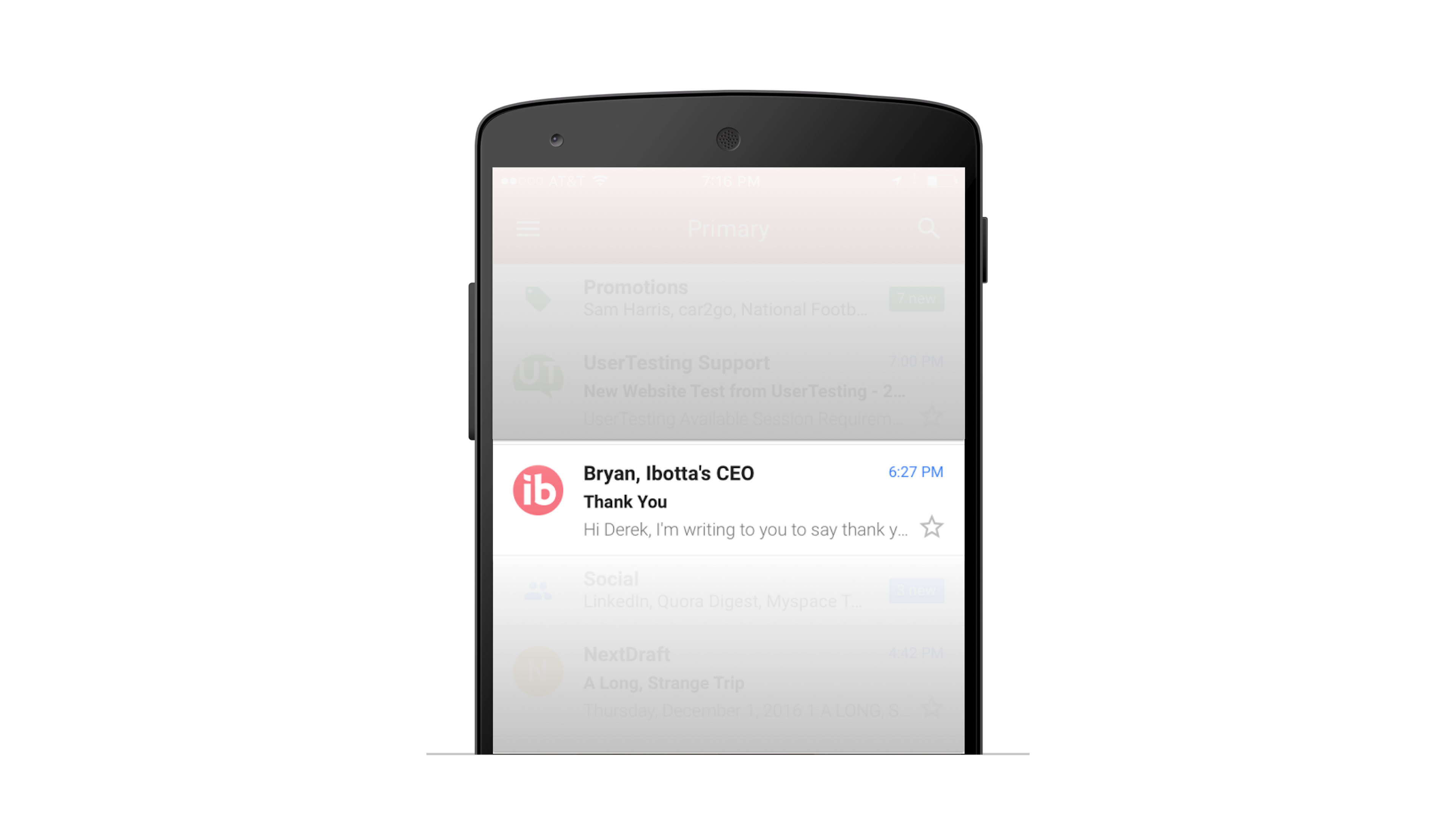 A smartphone screen displaying an email from Bryan, Ibotta's CEO, thanking the recipient named Derek. The email is highlighted in the inbox.