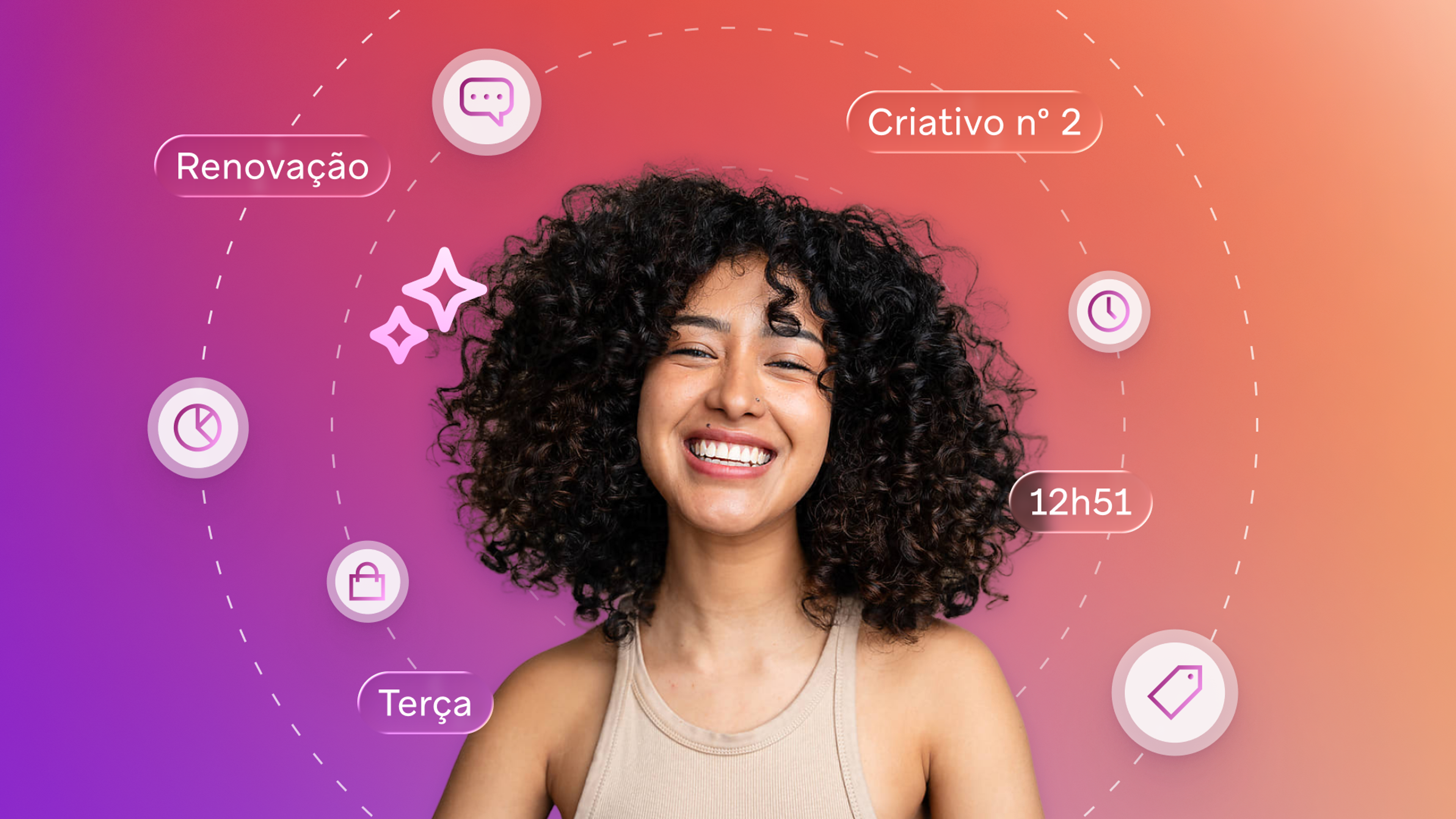 Smiling woman with curly hair surrounded by icons and Portuguese text labels indicating tasks and information, on a gradient background.