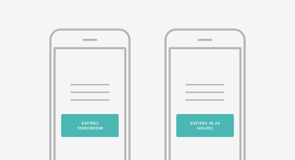 Two smartphone screens displaying expiration notifications. The left screen shows "Expires Tomorrow," and the right screen shows "Expires in 24 Hours.