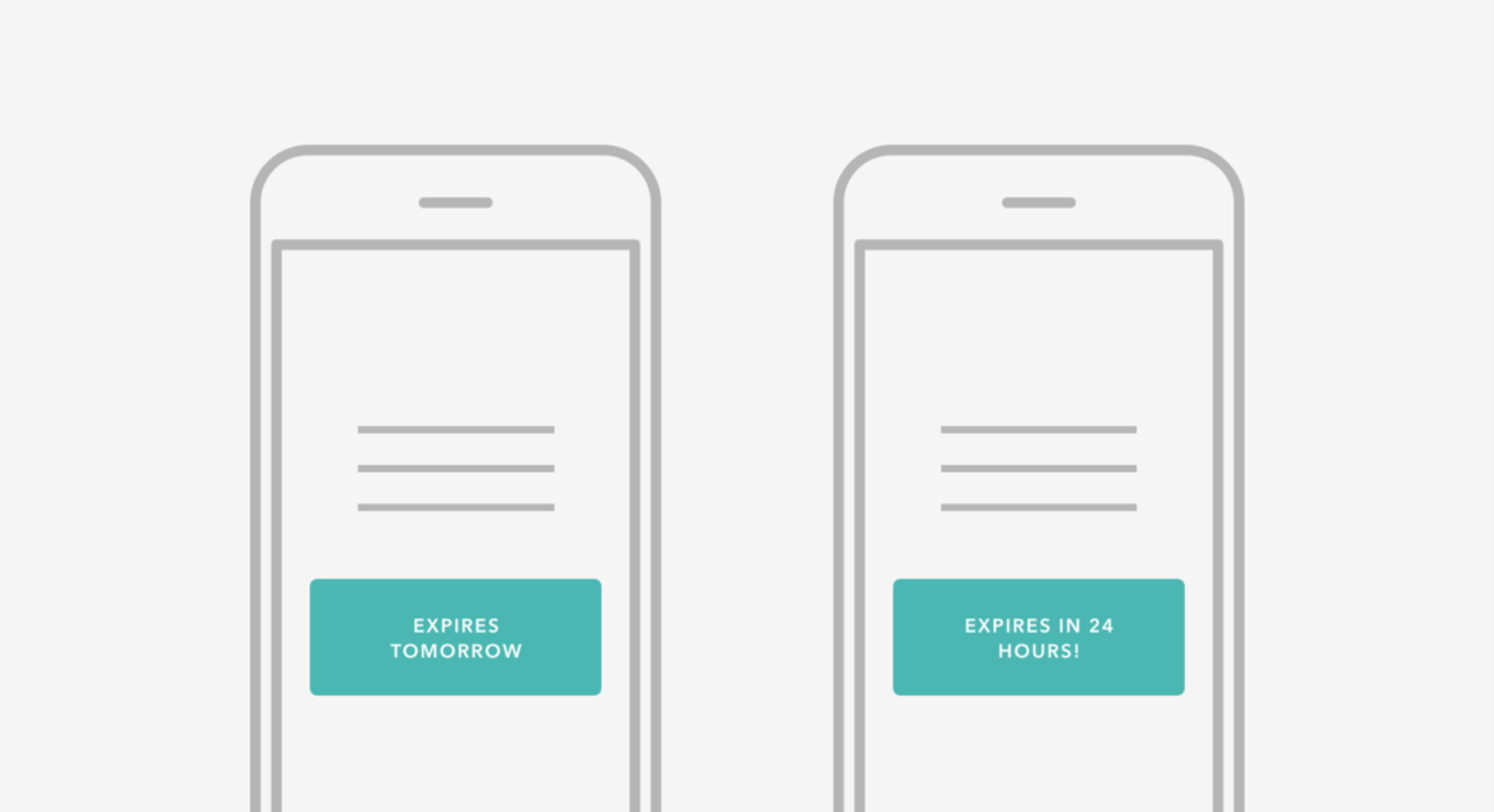 Two smartphone screens displaying expiration notifications. The left screen shows "Expires Tomorrow," and the right screen shows "Expires in 24 Hours.