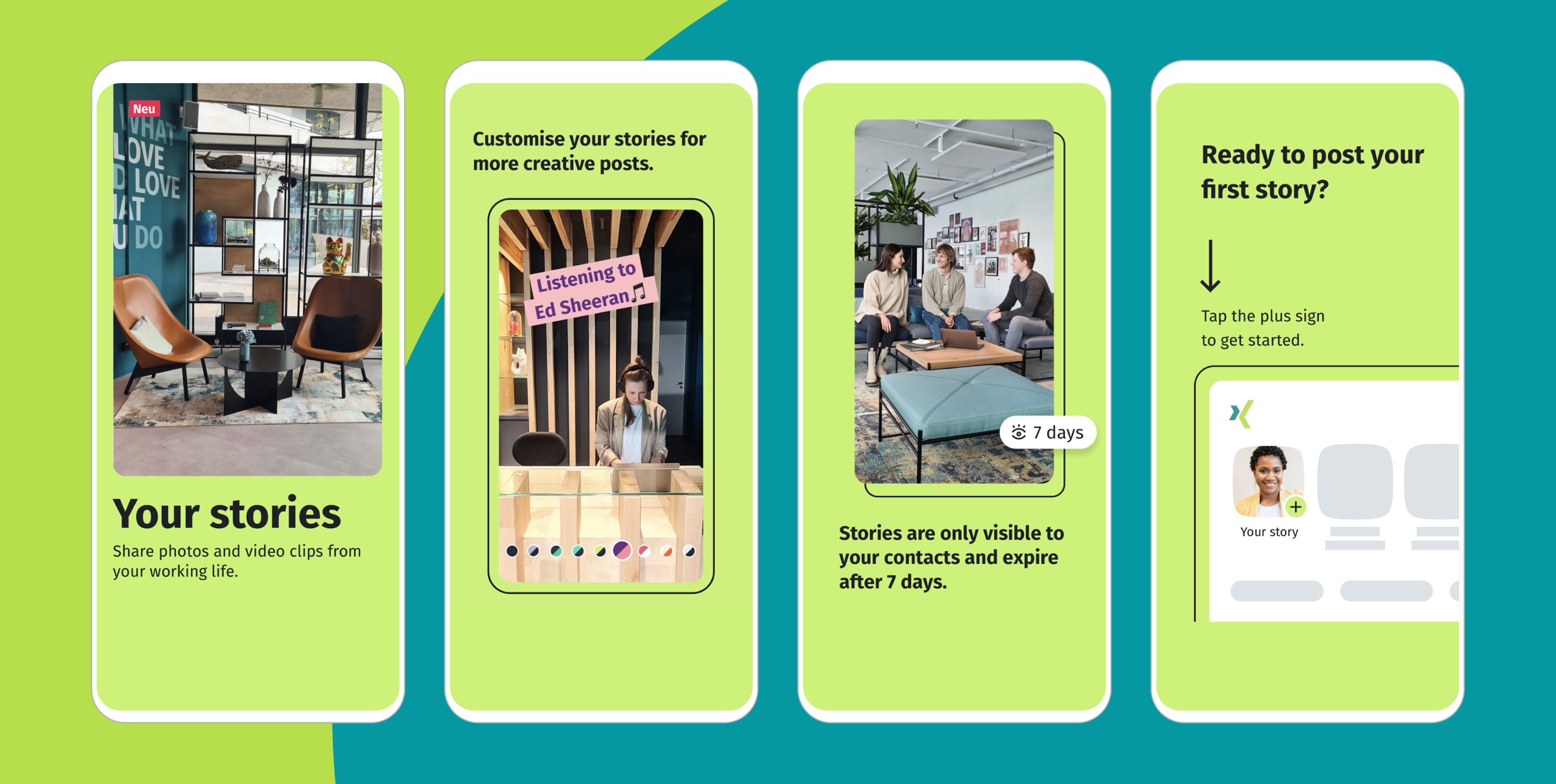 A digital interface showcasing features for sharing stories, including customizable posts and visibility settings. The design includes colorful backgrounds and images of people engaging with the app.