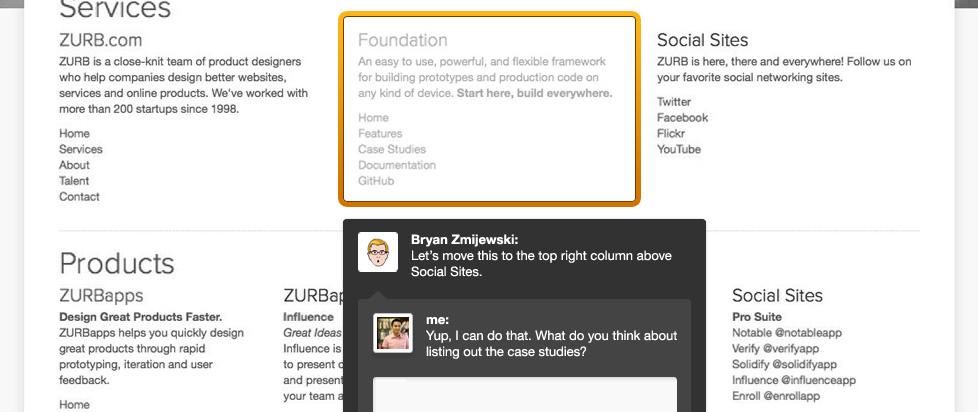 A screenshot of a website layout featuring sections for services, foundation, products, and social sites. A chat window at the bottom discusses moving a column in the layout.