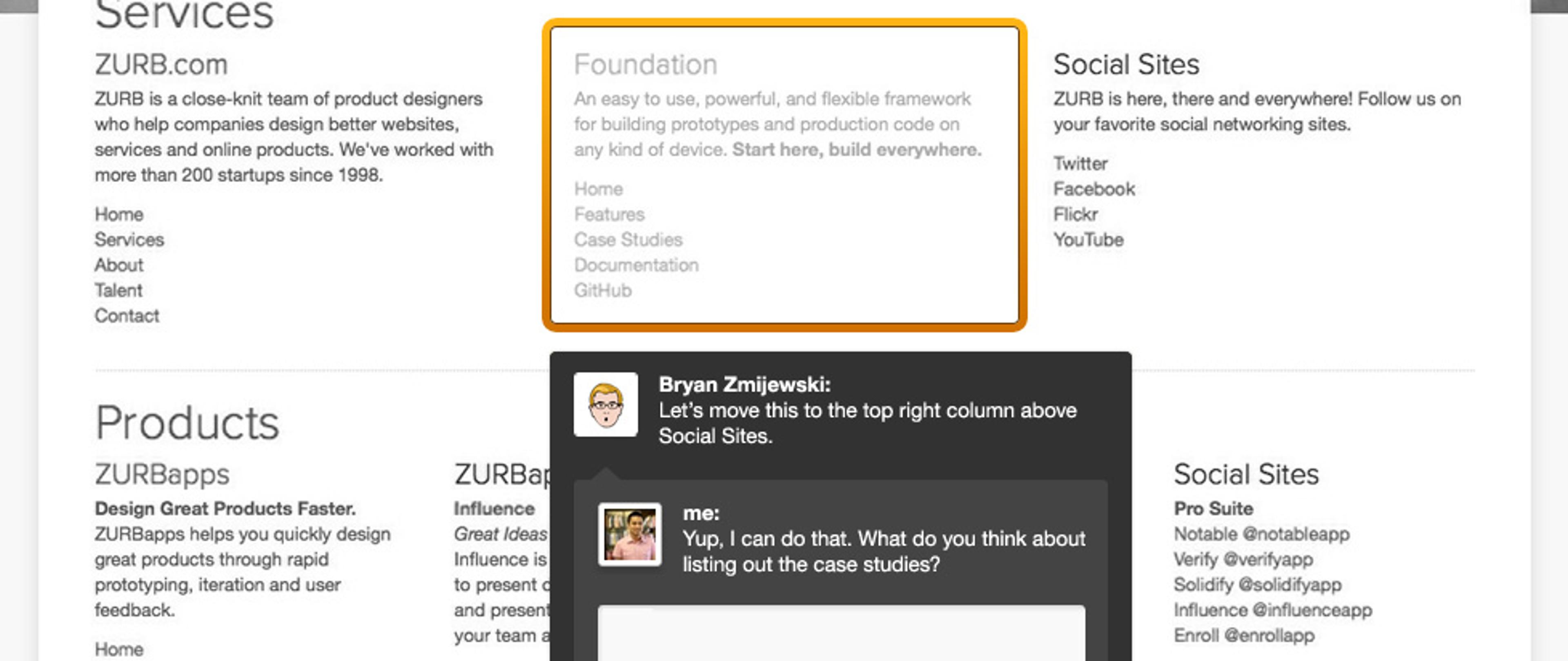 A screenshot of a website layout featuring sections for services, foundation, products, and social sites. A chat window at the bottom discusses moving a column in the layout.