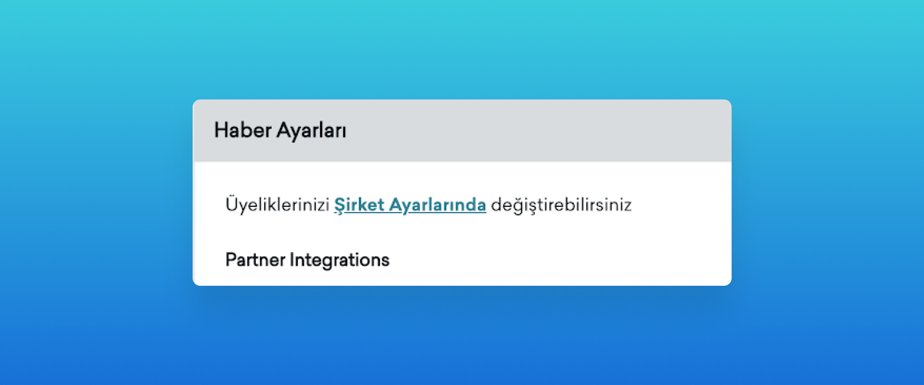 A settings menu with options for managing notifications and partner integrations. The background is a gradient of blue shades.