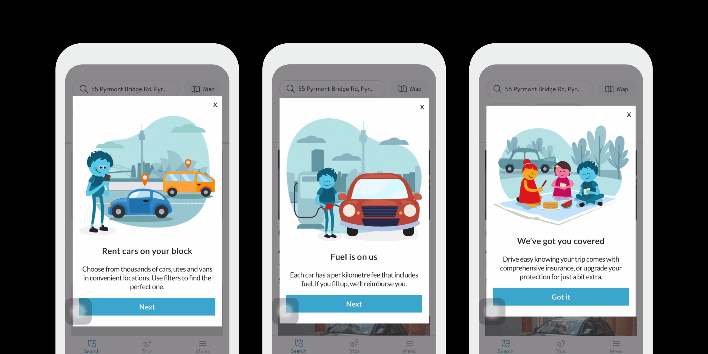 Three smartphone screens displaying a car rental app. The first screen shows options for renting cars, the second highlights fuel coverage, and the third emphasizes comprehensive insurance coverage.