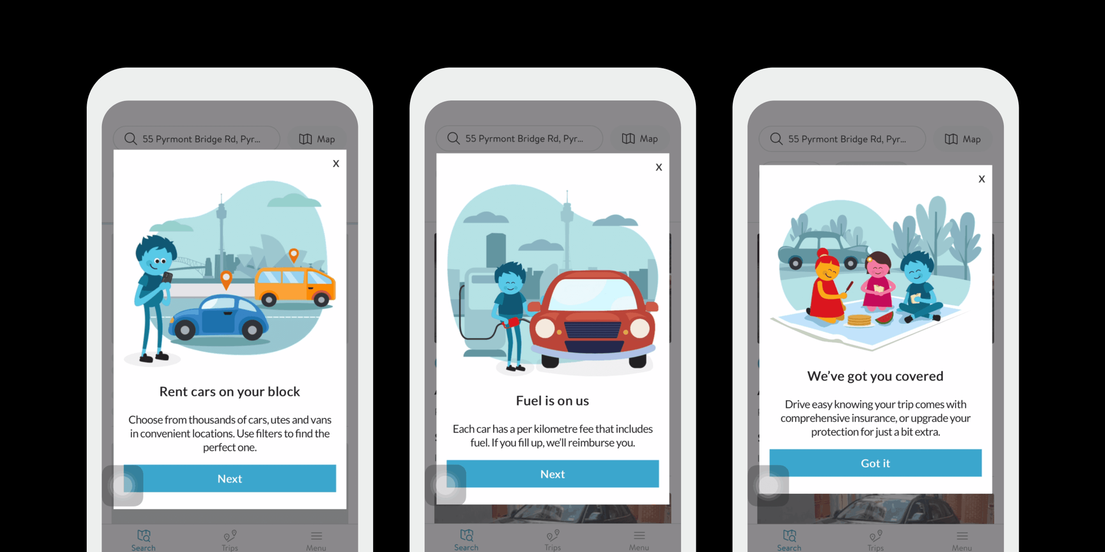 Three smartphone screens displaying a car rental app. The first screen shows options for renting cars, the second highlights fuel coverage, and the third emphasizes comprehensive insurance coverage.