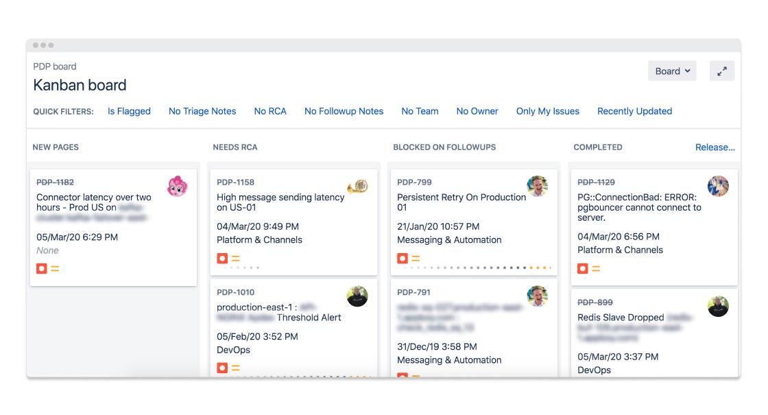 A Kanban board displaying various project tasks with details such as IDs, statuses, and dates. The board includes filters for quick navigation and task management.