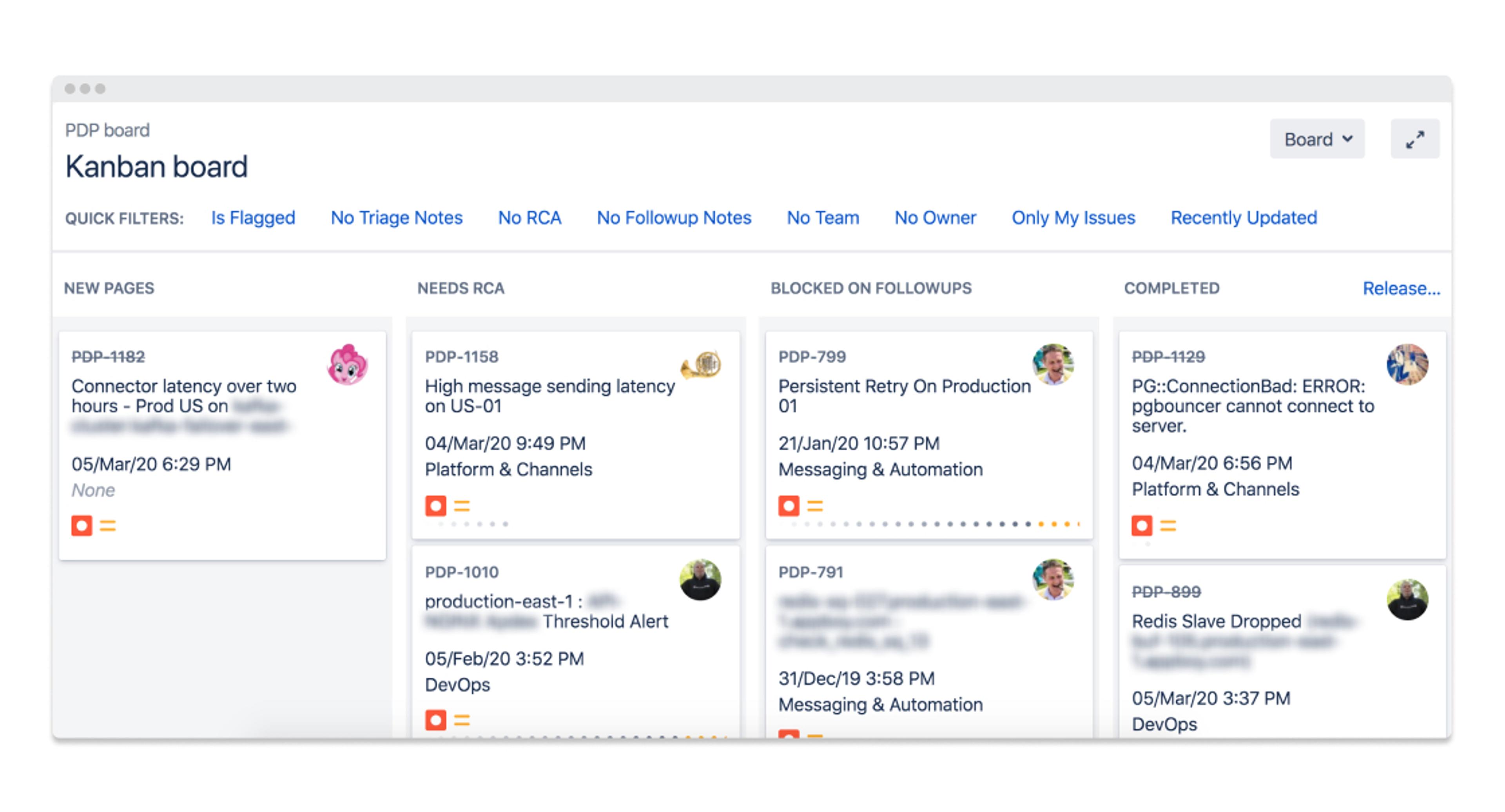 A Kanban board displaying various project tasks with details such as IDs, statuses, and dates. The board includes filters for quick navigation and task management.