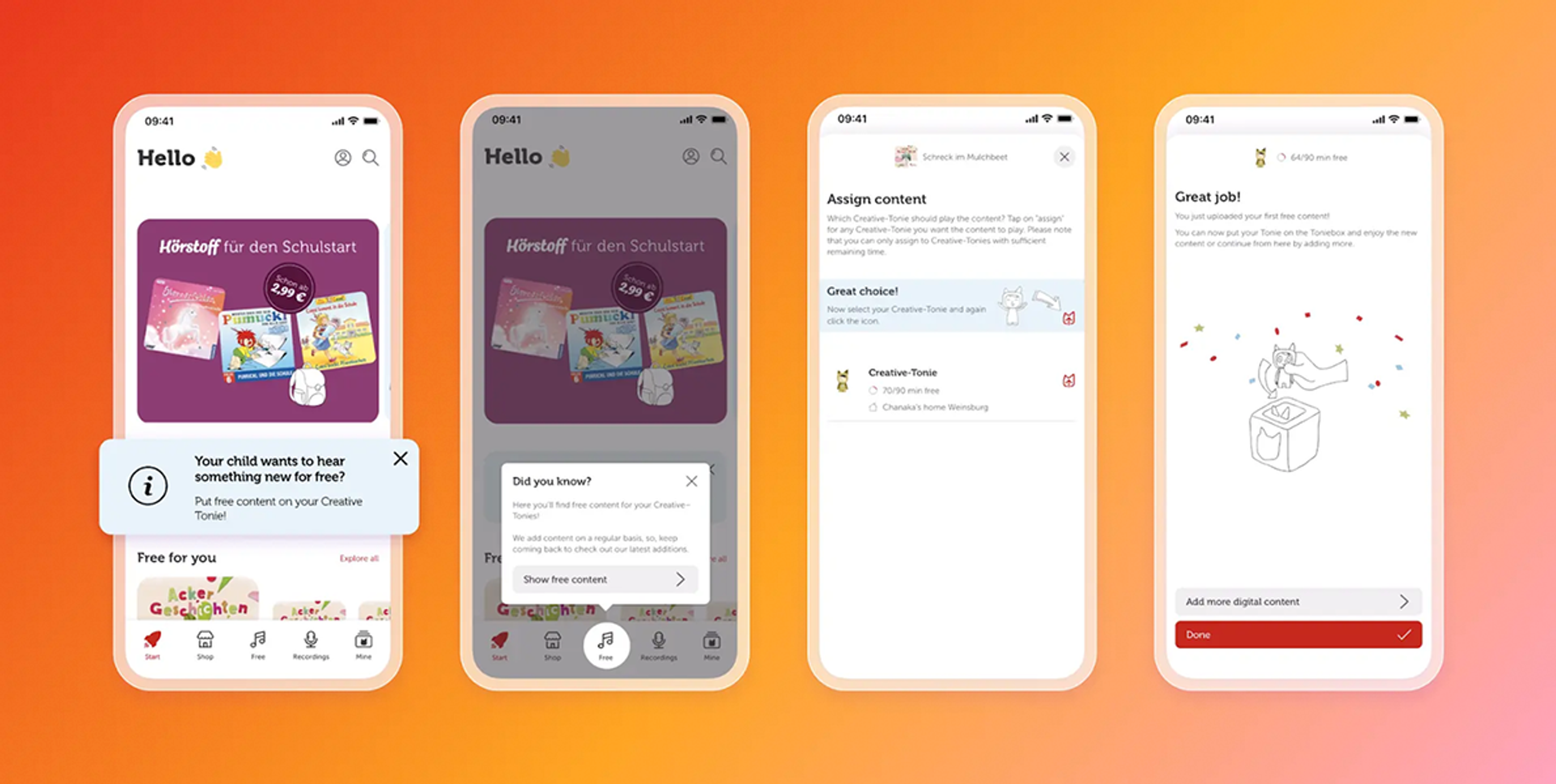 Four mobile app screens showing content selection, assignment to a Creative Tonie figure, and successful upload confirmation for an audio player.