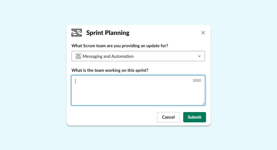 A user interface for sprint planning, featuring dropdown menus for selecting a Scrum team and a text box for entering team updates. There are buttons for canceling or submitting the information.