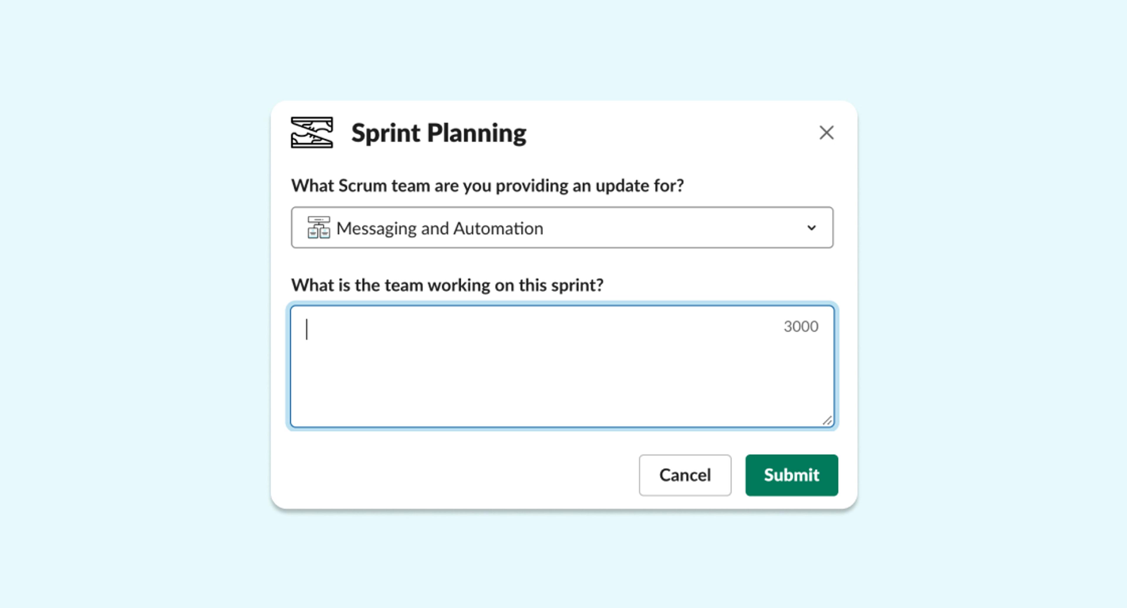A user interface for sprint planning, featuring dropdown menus for selecting a Scrum team and a text box for entering team updates. There are buttons for canceling or submitting the information.