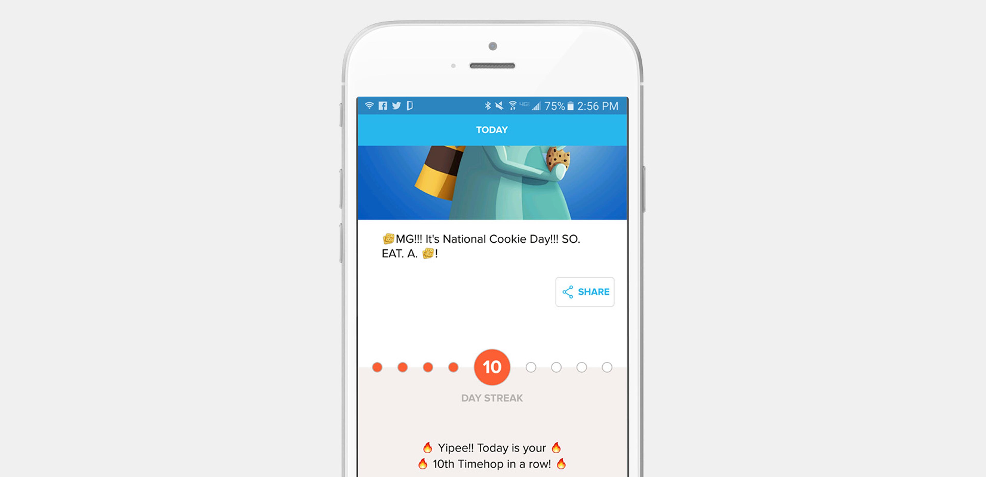 A smartphone screen displays a notification about National Cookie Day, featuring a character holding a cookie. The message encourages users to celebrate and indicates a 10-day streak.