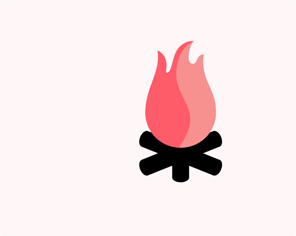 Icono de una llama estilizada en tonos rosados sobre un fondo claro. La llama está sobre un símbolo de leña negra.