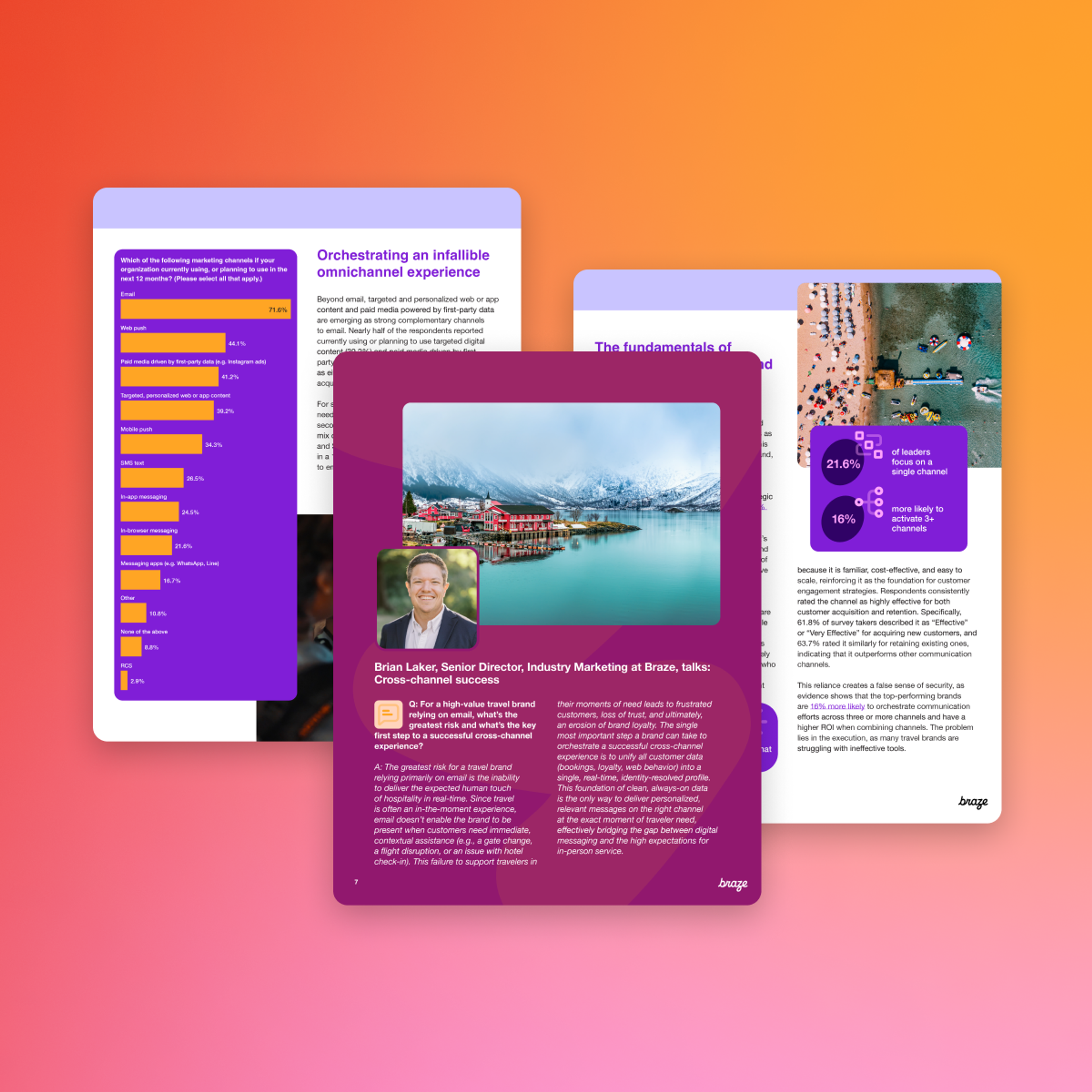 Three digital business reports on omnichannel marketing, displaying bar and pie charts, a scenic lake, and a busy beach.
